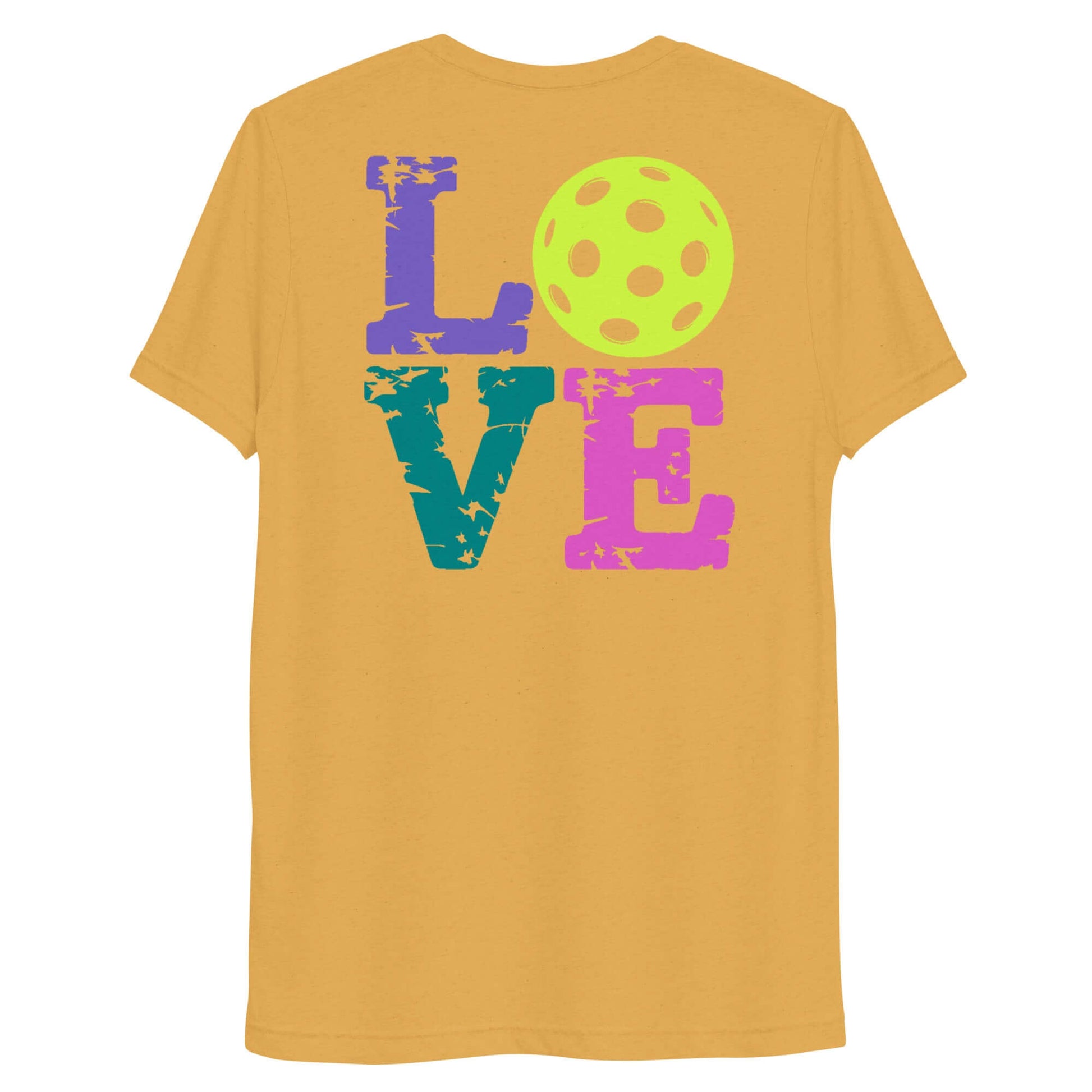 Back view of Women's LOVE Pickleball Short Sleeve Shirt featuring colorful text and a pickleball graphic.