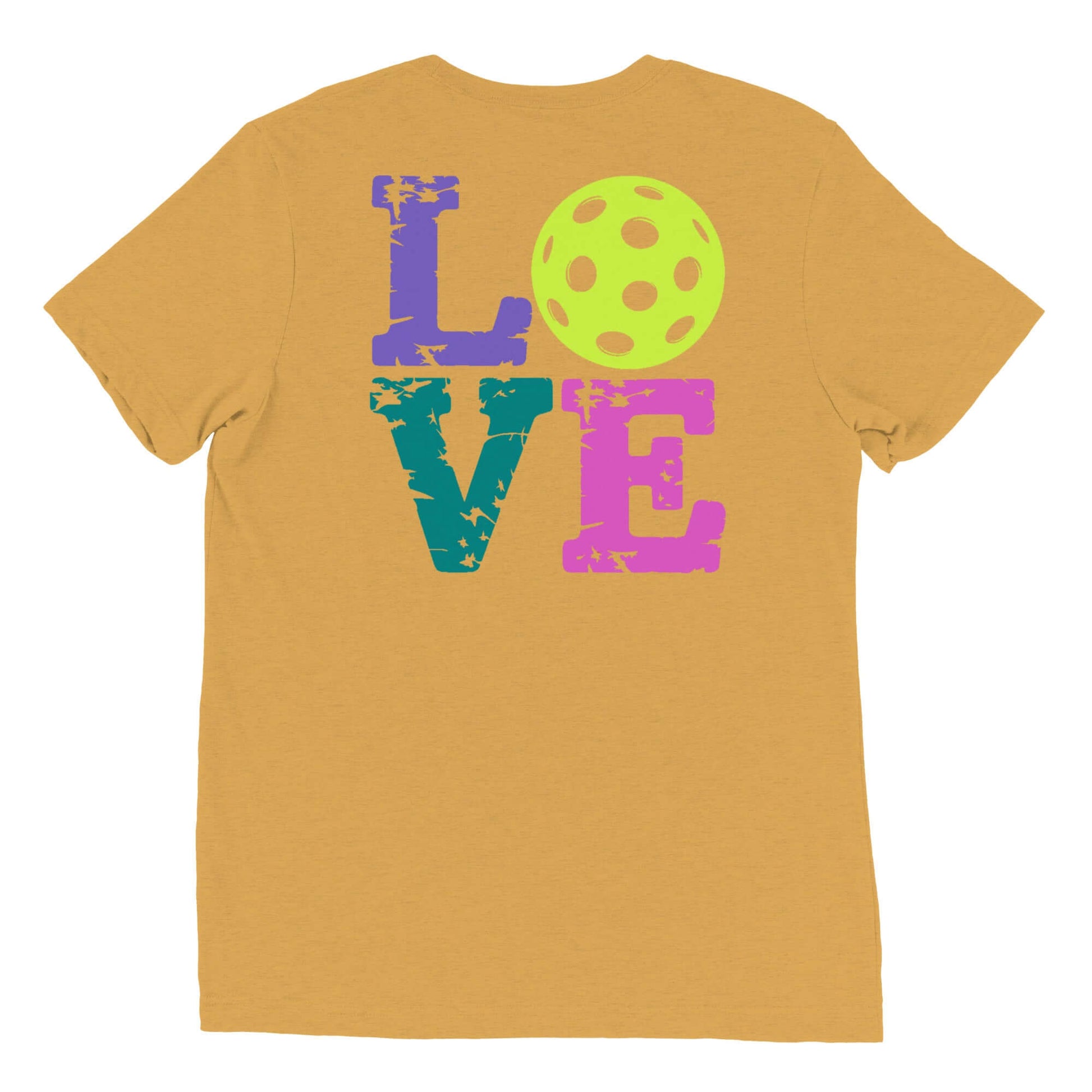 Back view of a yellow women's short sleeve shirt featuring colorful 'LOVE' print and a pickleball graphic.