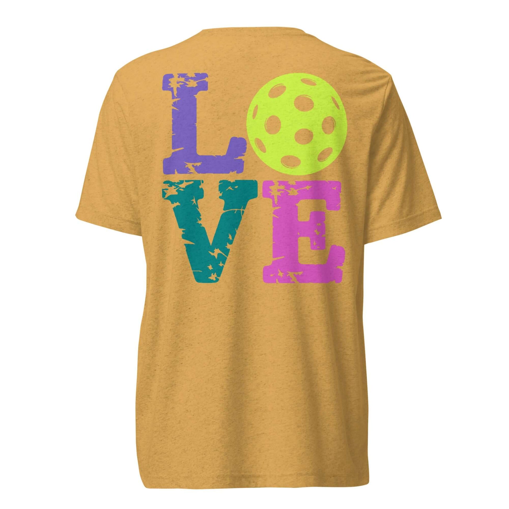 Women’s LOVE Pickleball Short Sleeve Shirt featuring colorful text and pickleball graphic on a golden yellow background.