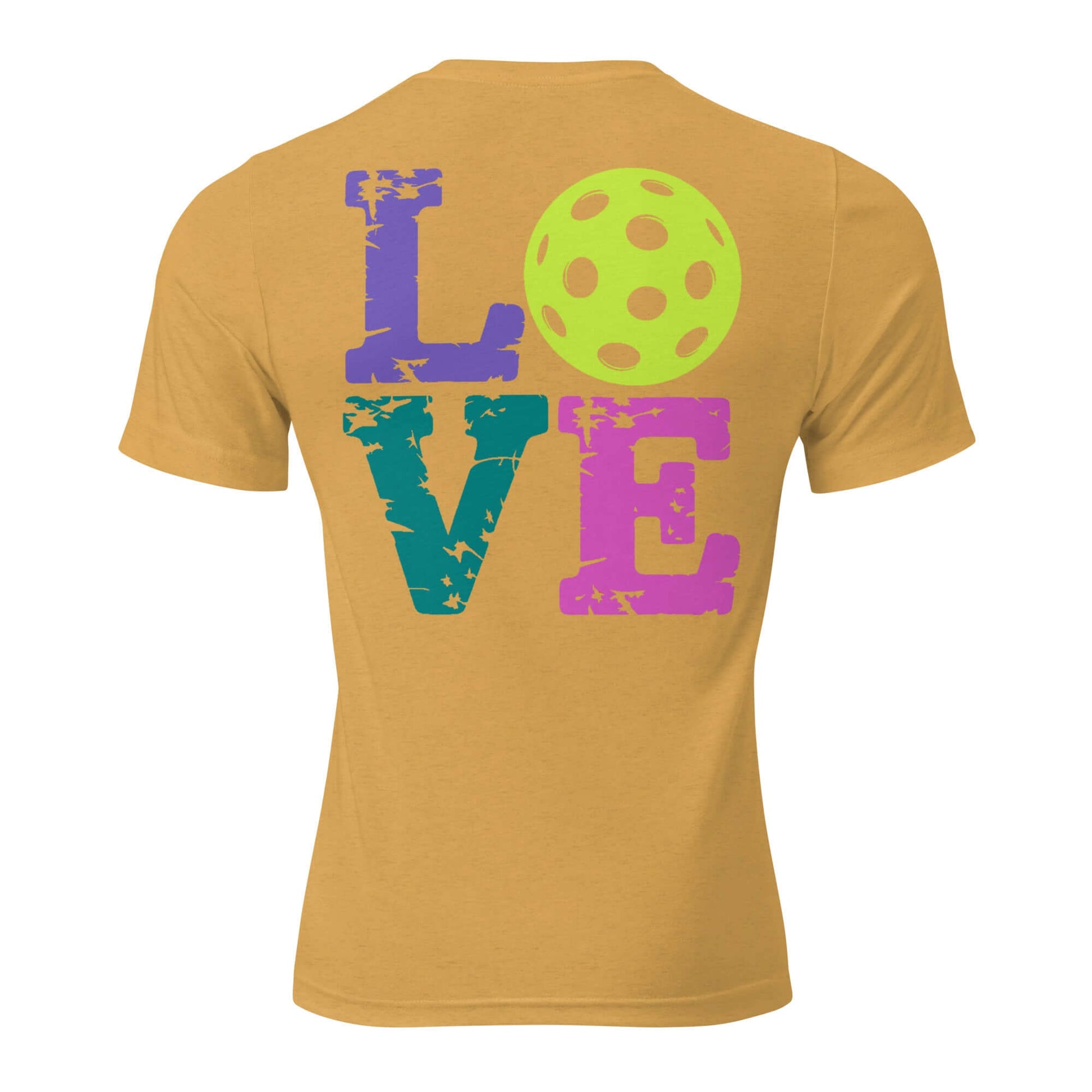 Women’s LOVE Pickleball Short Sleeve Shirt in gold with colorful LOVE design and pickleball graphic on the back.