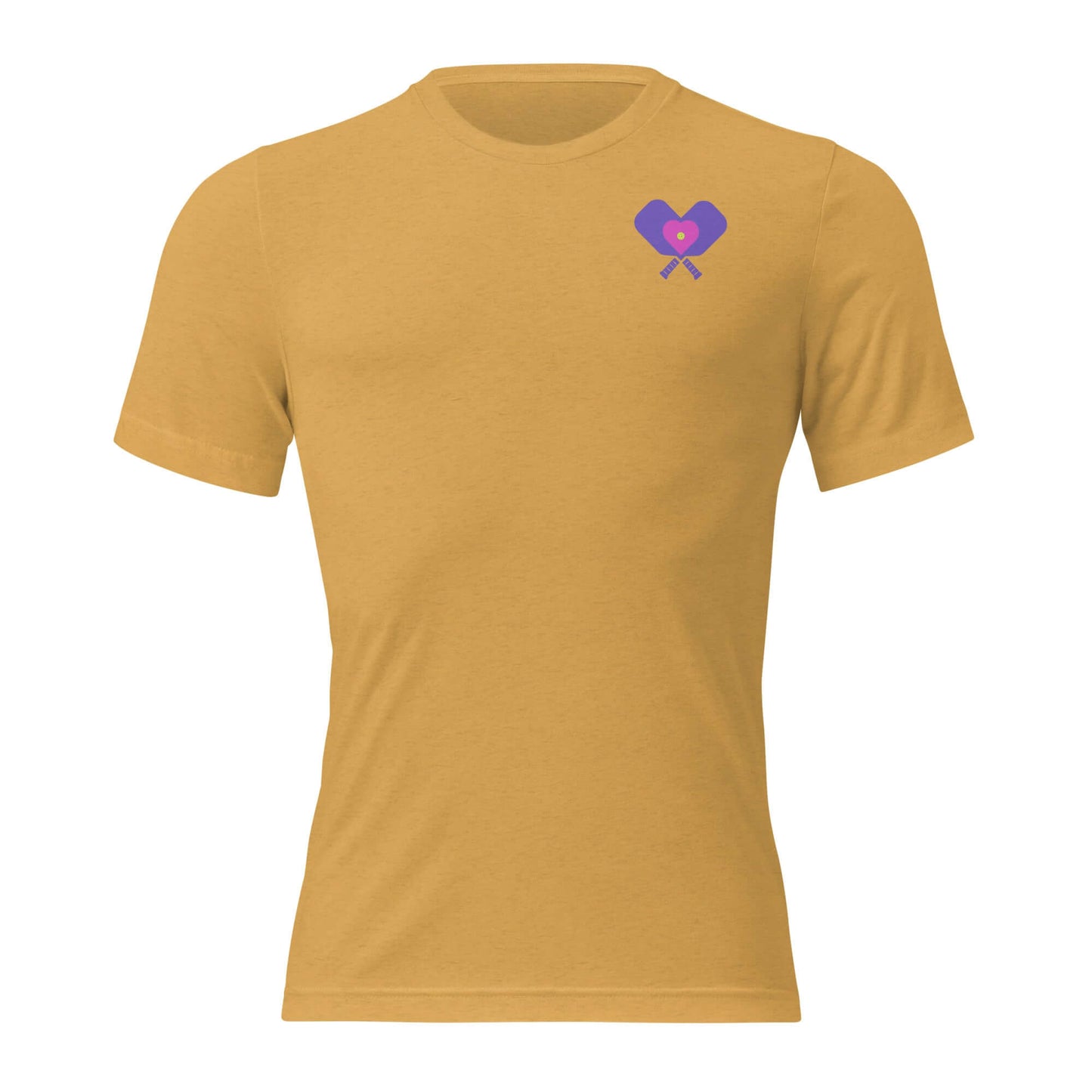 Women’s LOVE Pickleball Short Sleeve Shirt in golden yellow with heart and paddle design.