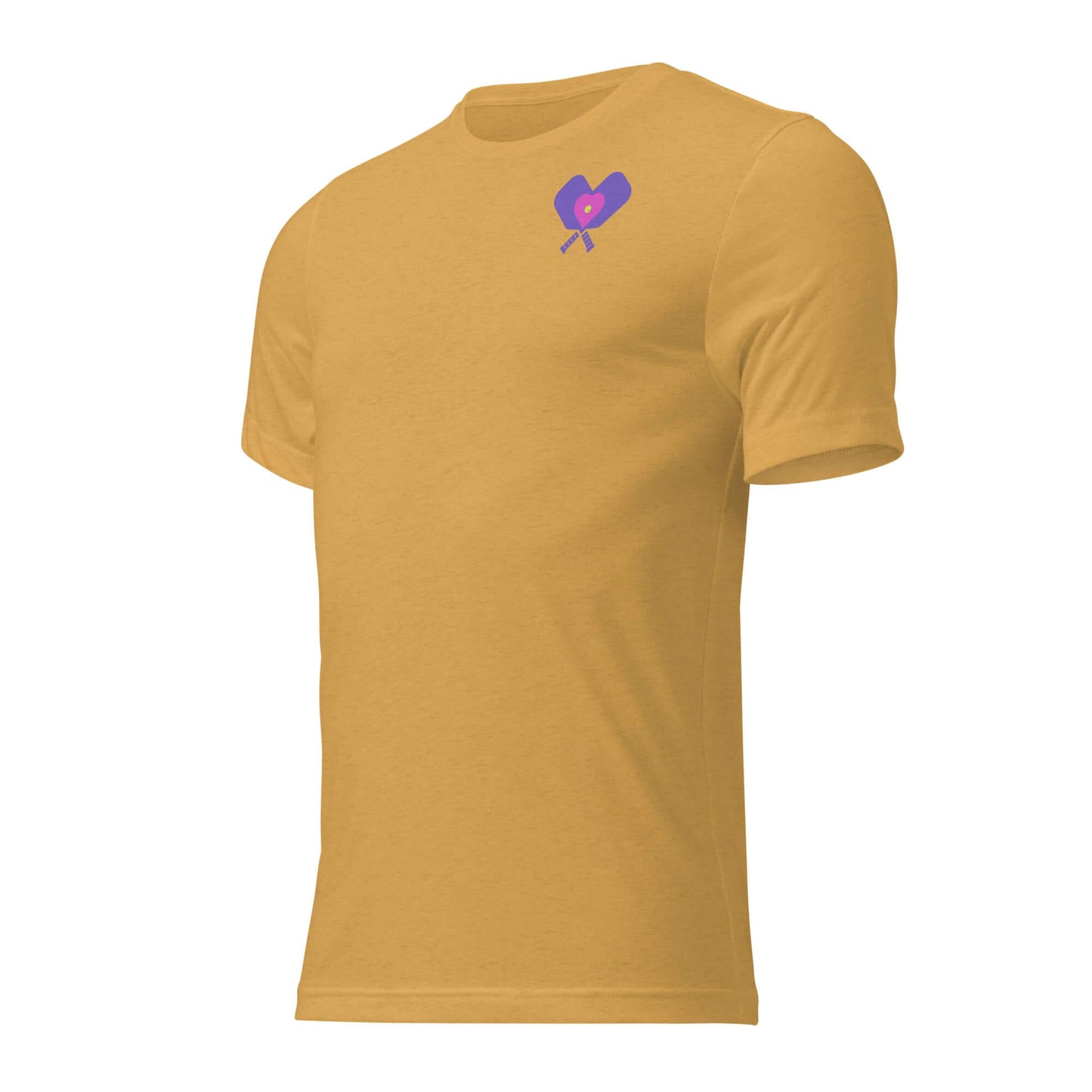 Women's LOVE Pickleball short sleeve shirt in yellow with heart logo, perfect for casual and sporty wear.