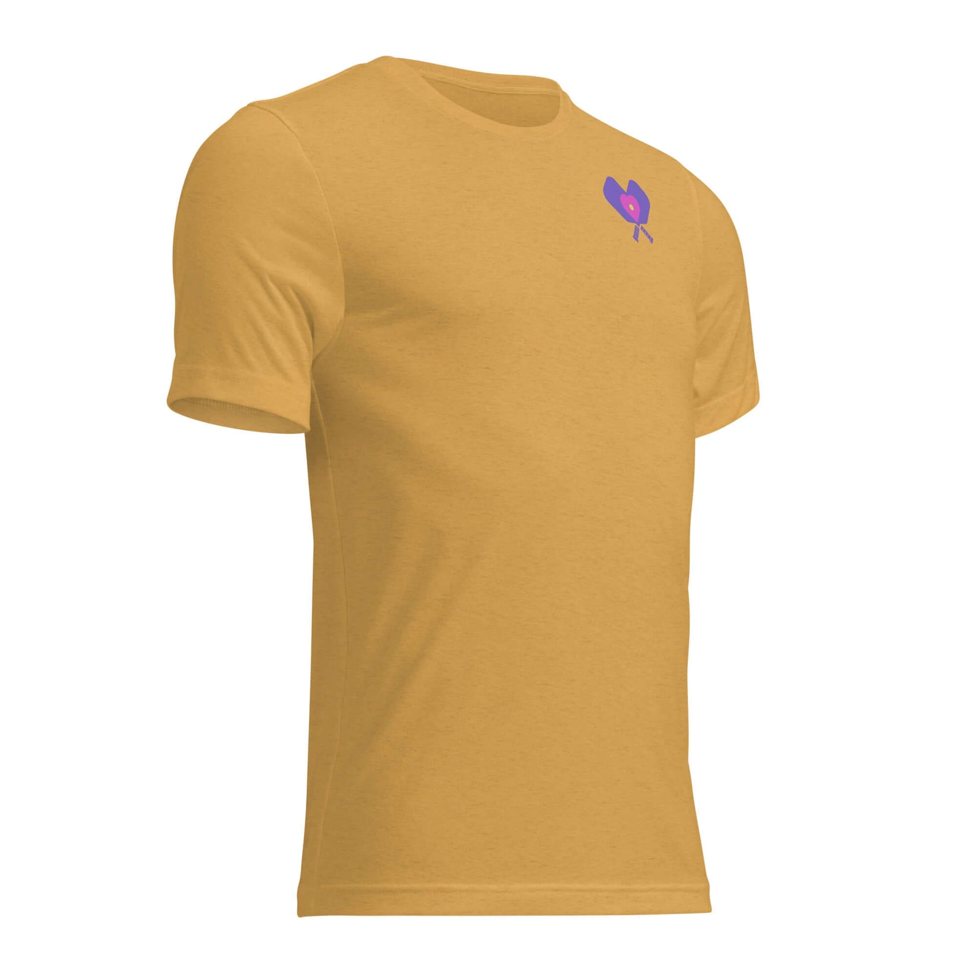 Women’s LOVE Pickleball Short Sleeve Shirt in yellow with a purple heart, perfect for sporty and casual wear.