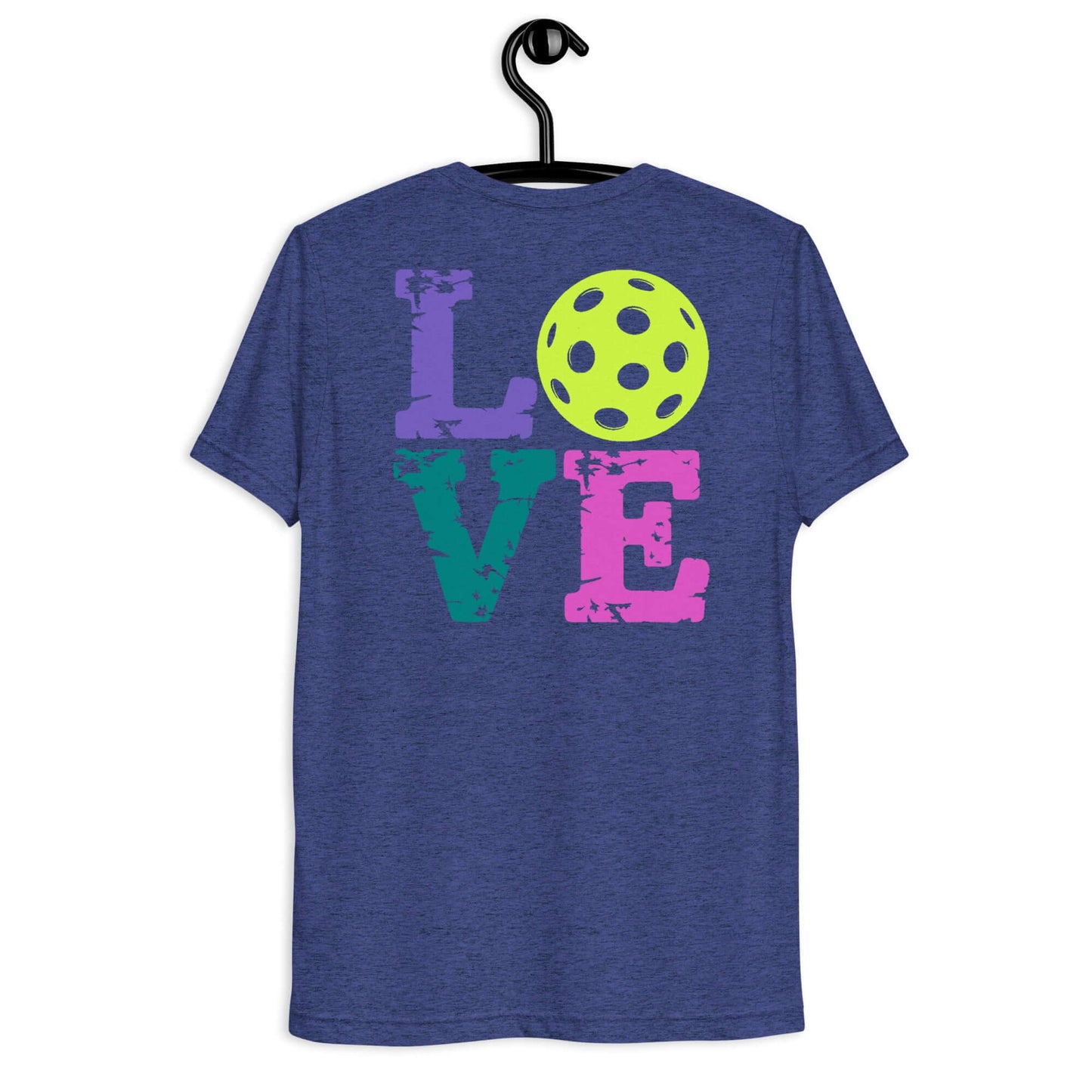 Back view of Women's LOVE Pickleball Short Sleeve Shirt featuring colorful text and pickleball graphic.