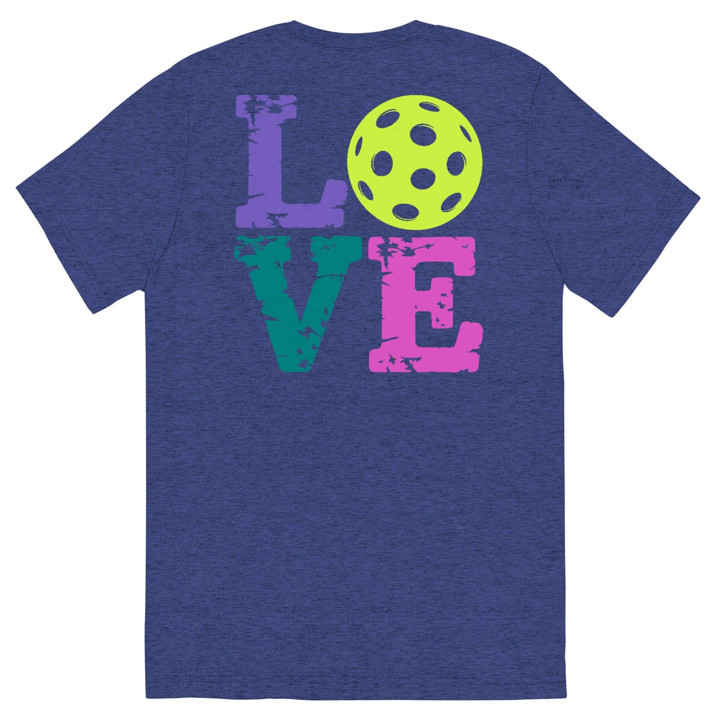 Back view of Women's LOVE Pickleball Short Sleeve Shirt featuring colorful 'LOVE' text and a pickleball design.