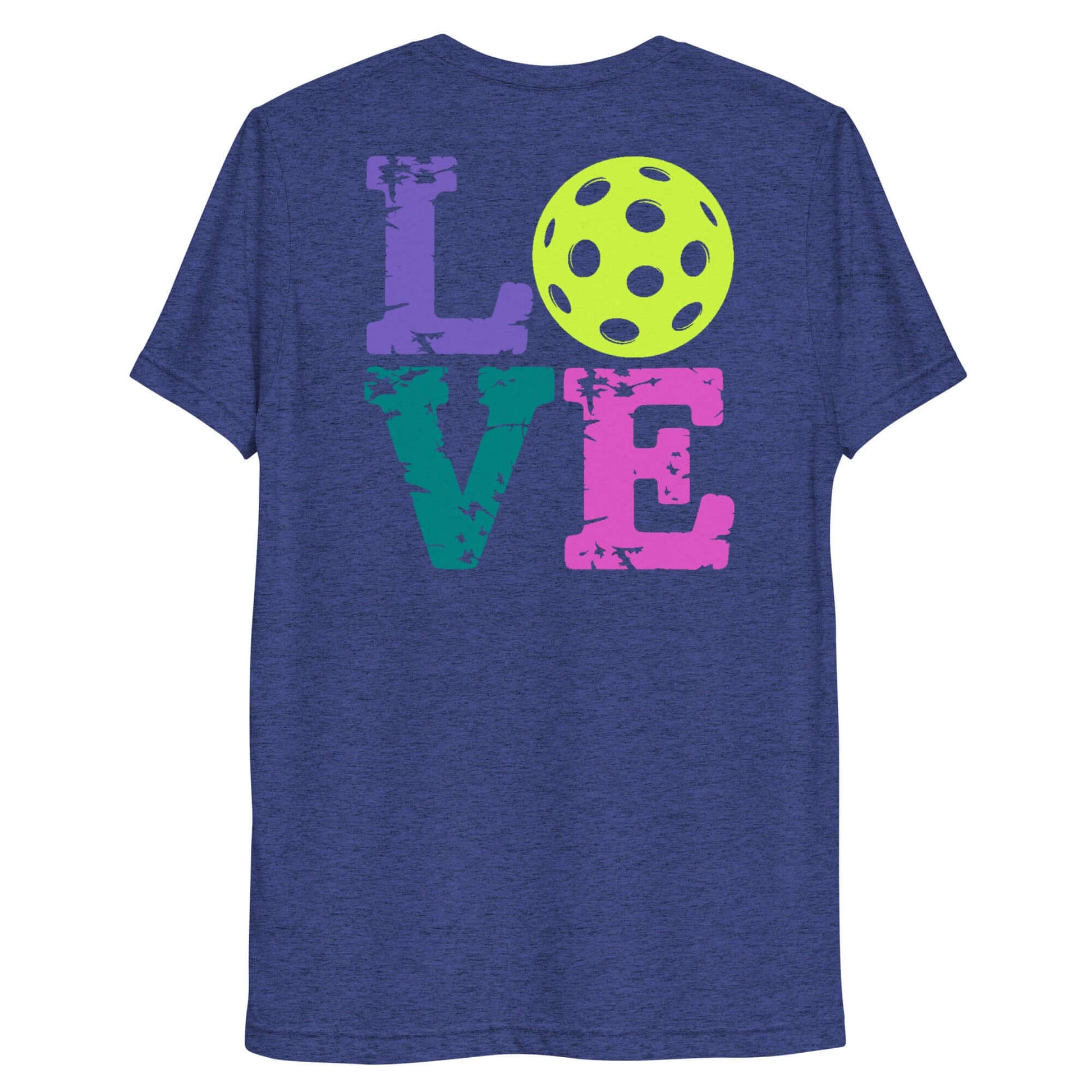 Back view of Women's LOVE Pickleball Short Sleeve Shirt with colorful LOVE graphic and pickleball design.