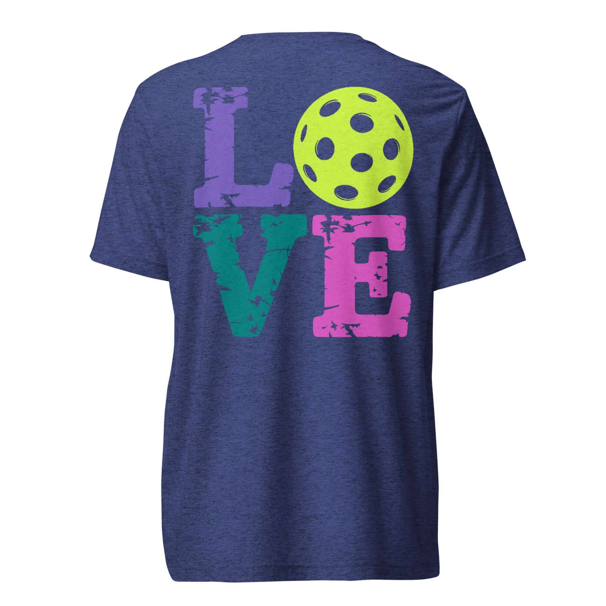 Women's LOVE Pickleball Short Sleeve Shirt featuring colorful letters and a pickleball graphic on the back.