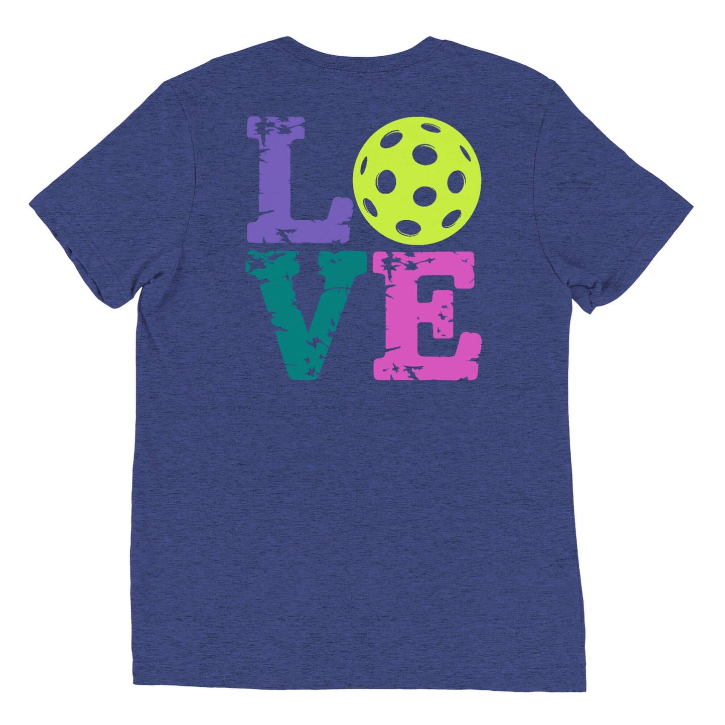 Back view of a women's LOVE pickleball short sleeve shirt featuring colorful text and a pickleball graphic.