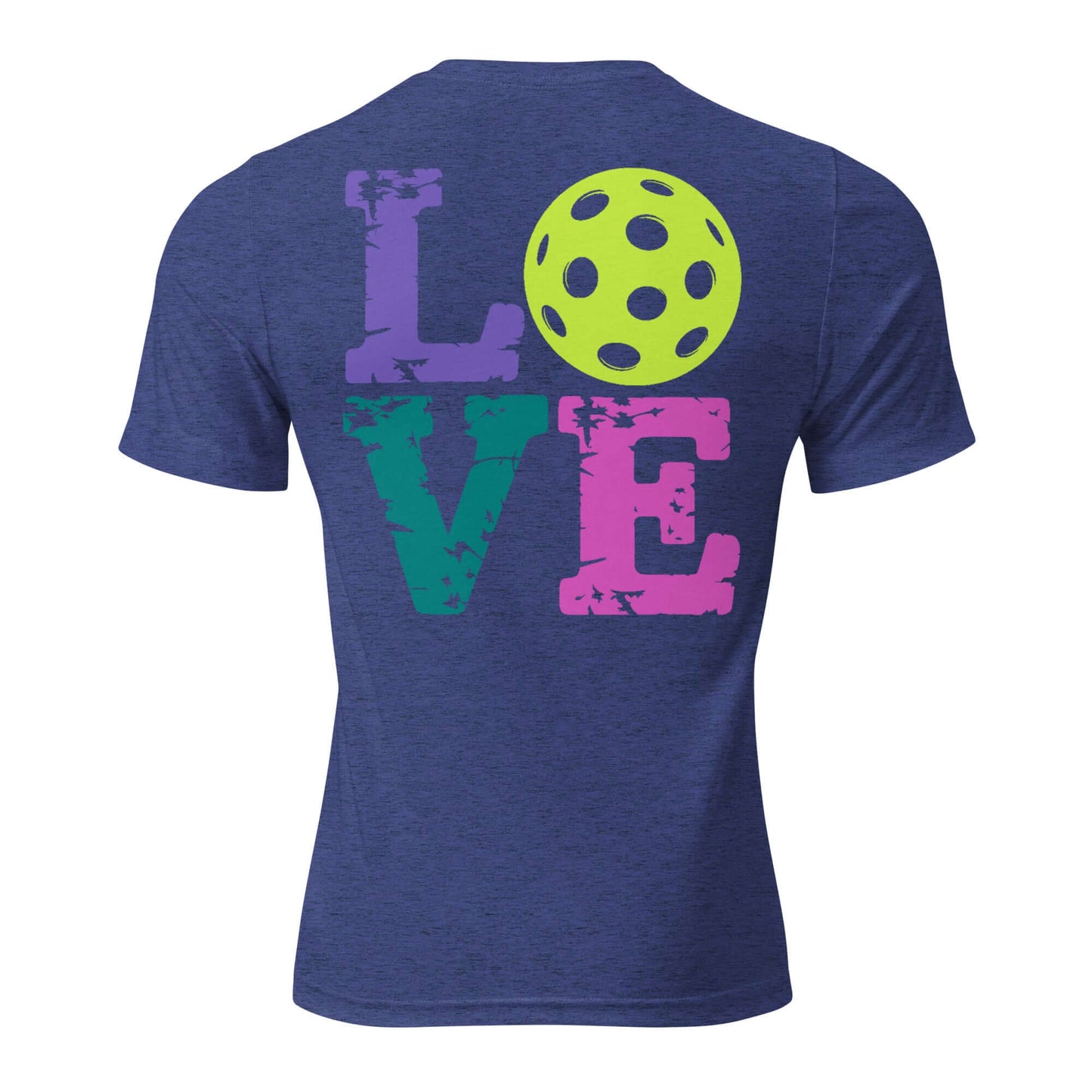 Women's LOVE Pickleball Short Sleeve Shirt featuring colorful 'LOVE' text and a pickleball graphic, perfect for players and fans.