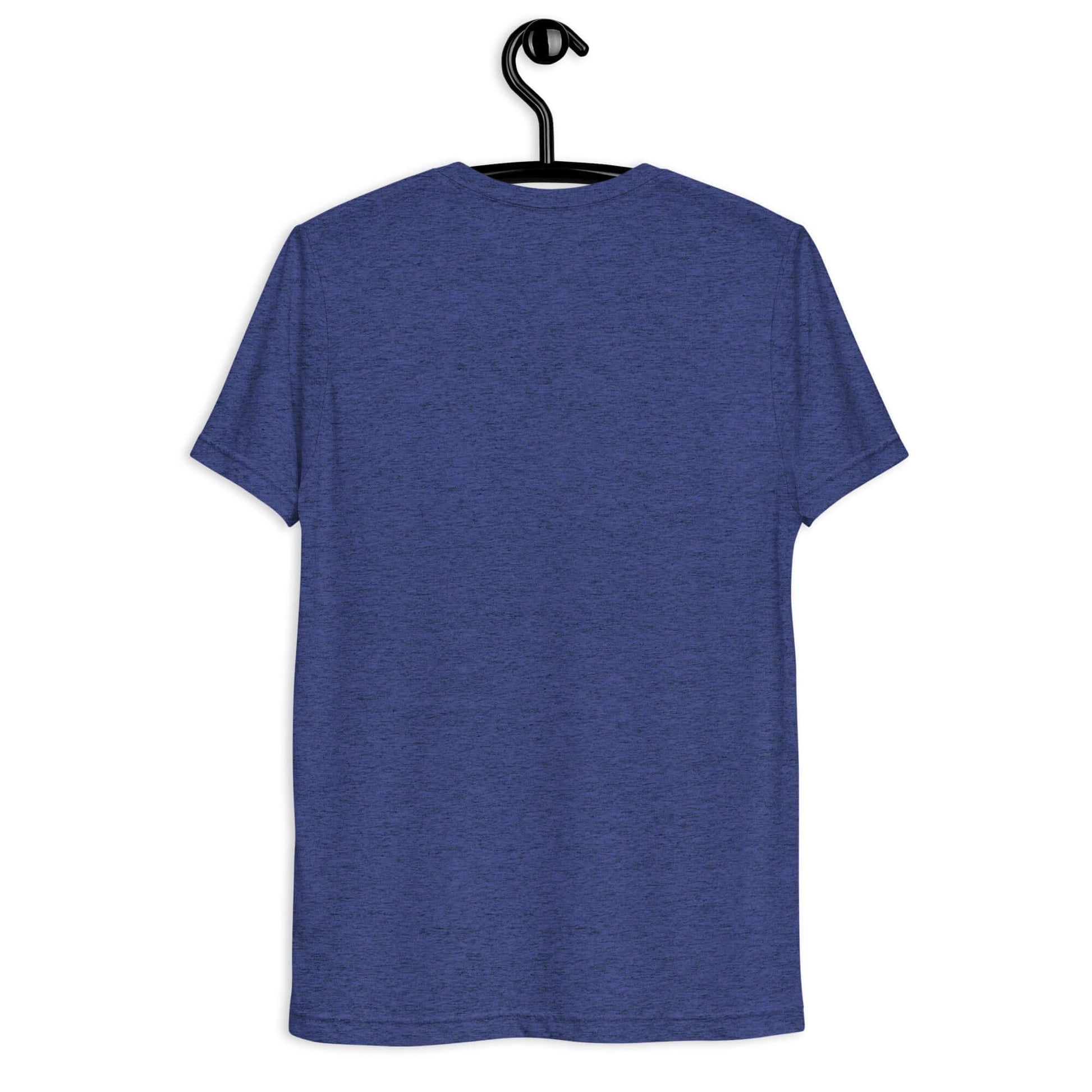 Back view of a blue Women's LOVE Pickleball Short Sleeve Shirt hanging on a black hanger.