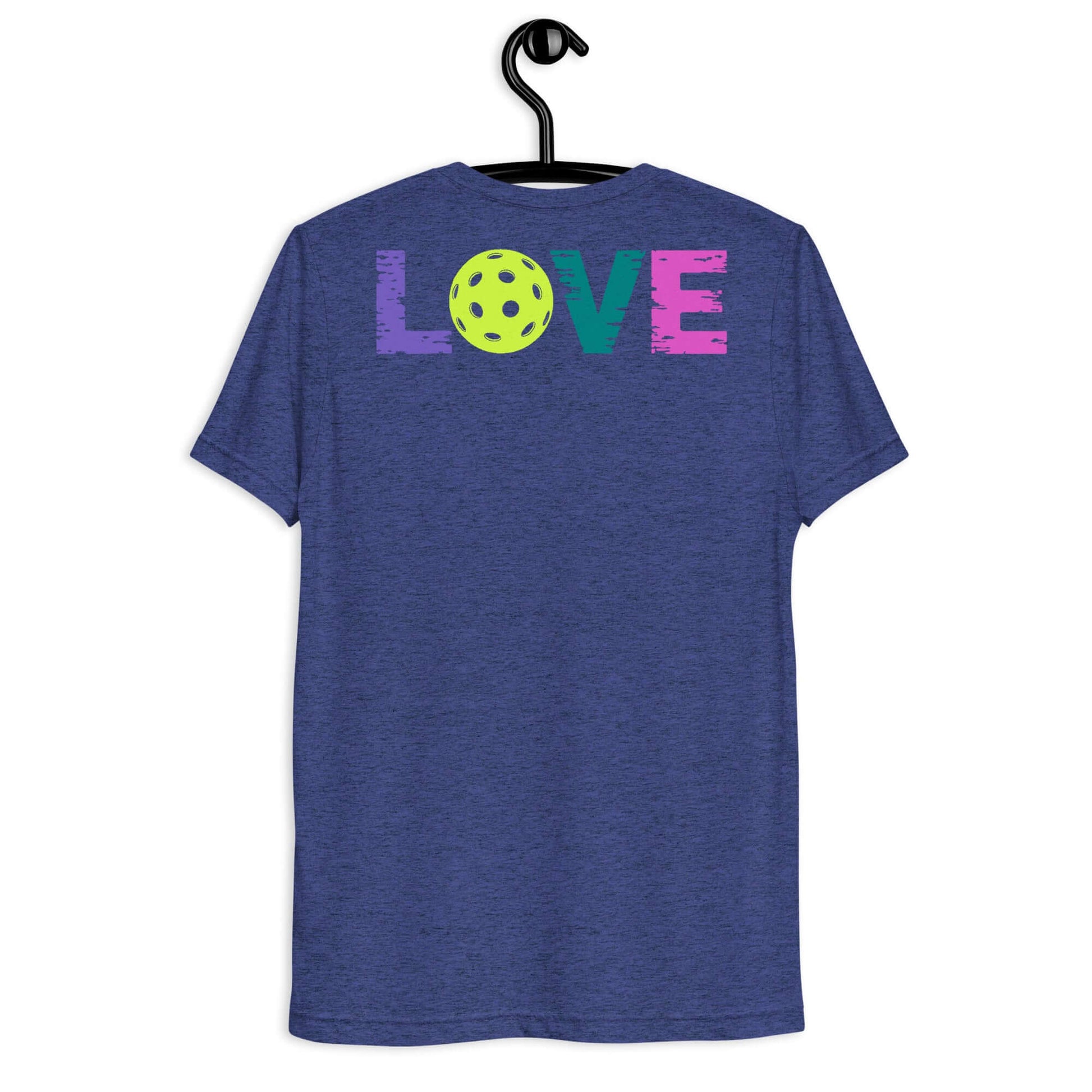 Back view of a blue women's short sleeve shirt featuring colorful 'LOVE' text and pickleball graphic.