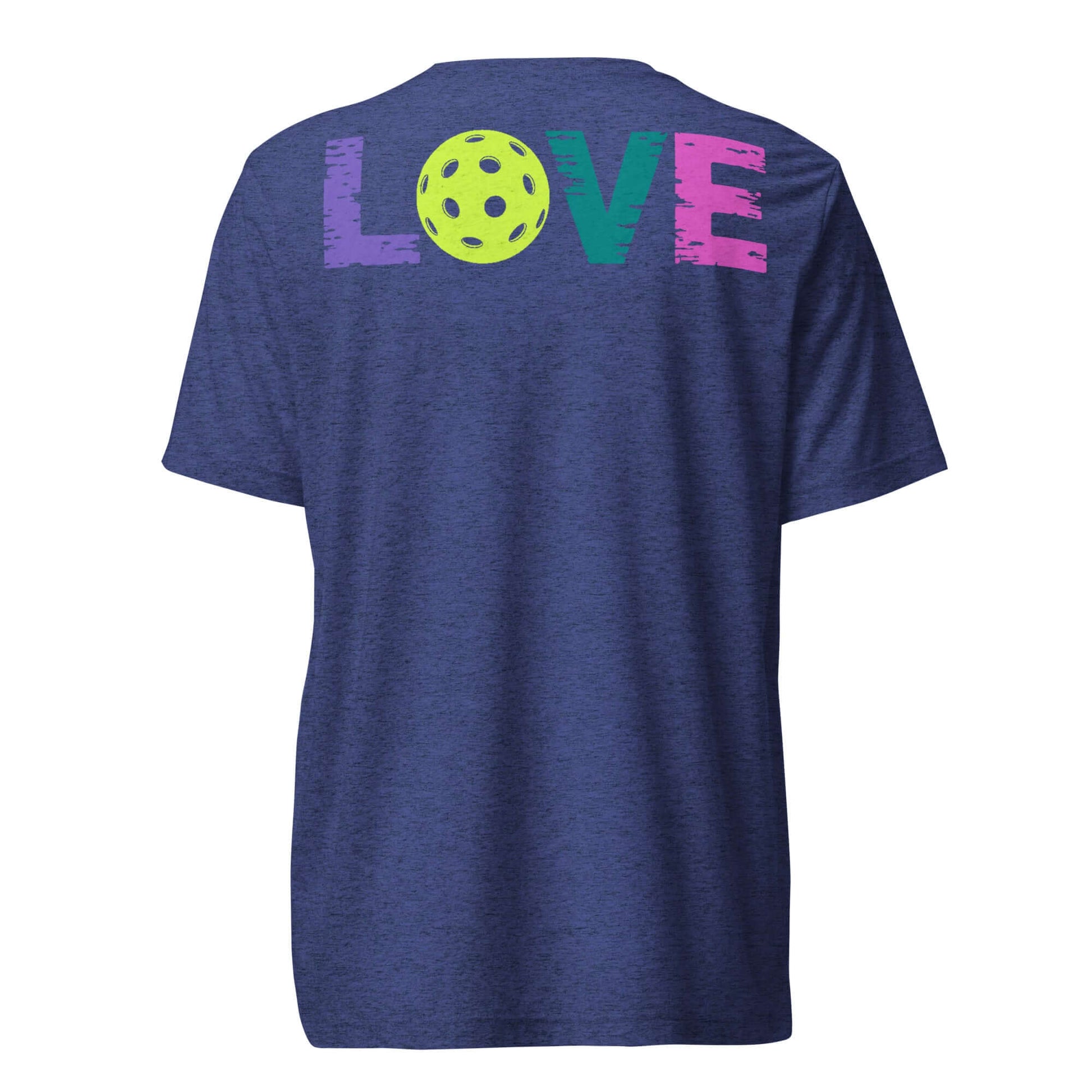 Women’s LOVE Pickleball Short Sleeve Shirt in navy blue with playful LOVE and pickleball design on the back.