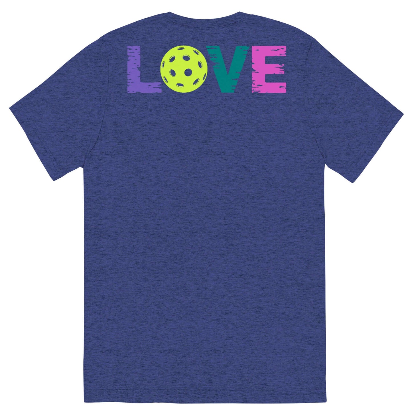 Back view of Women's LOVE Pickleball Short Sleeve Shirt featuring colorful text and a pickleball graphic.