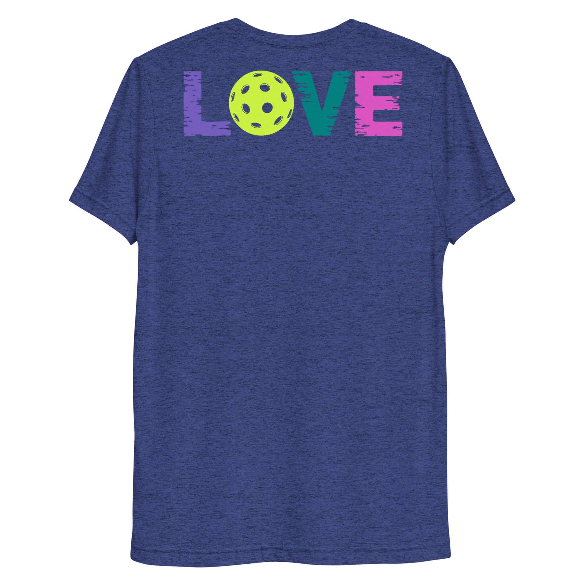 Back view of women's LOVE pickleball short sleeve shirt with colorful text and pickleball graphic.