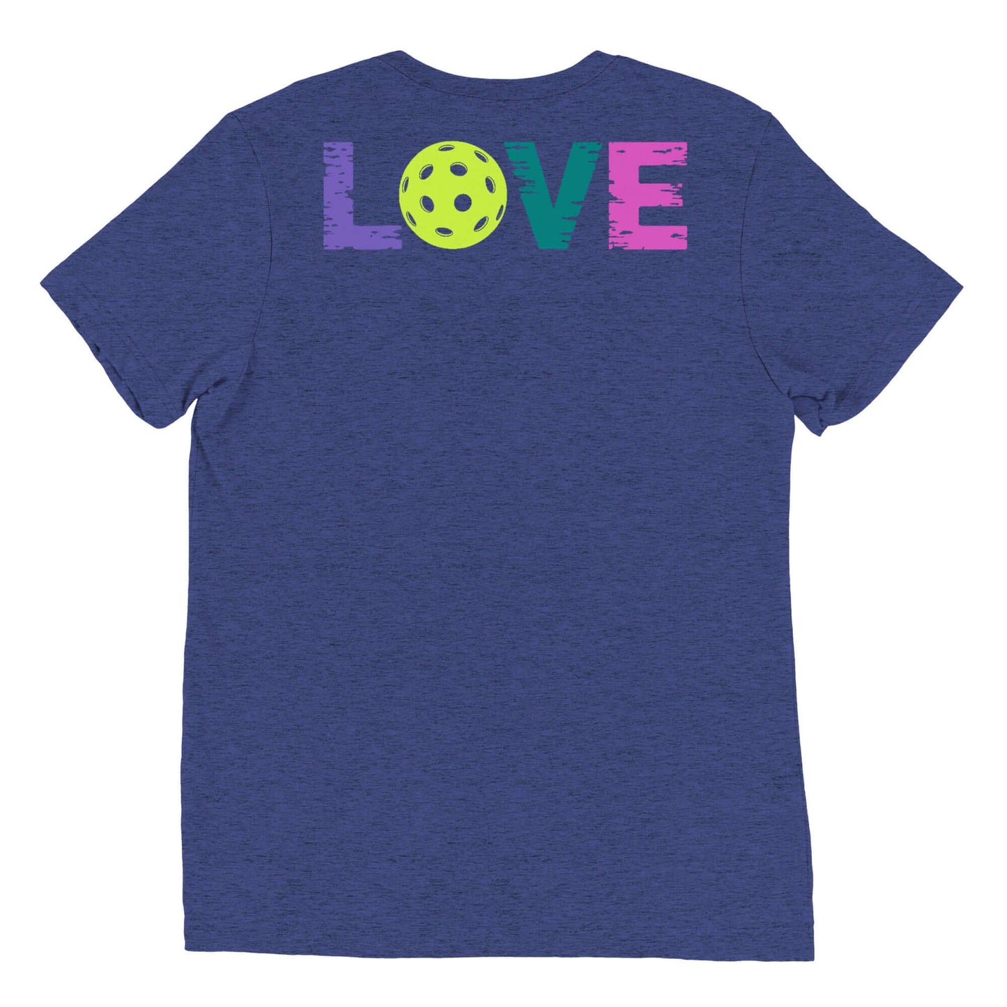 Back view of Women’s LOVE Pickleball Short Sleeve Shirt with colorful letters and a pickleball design.