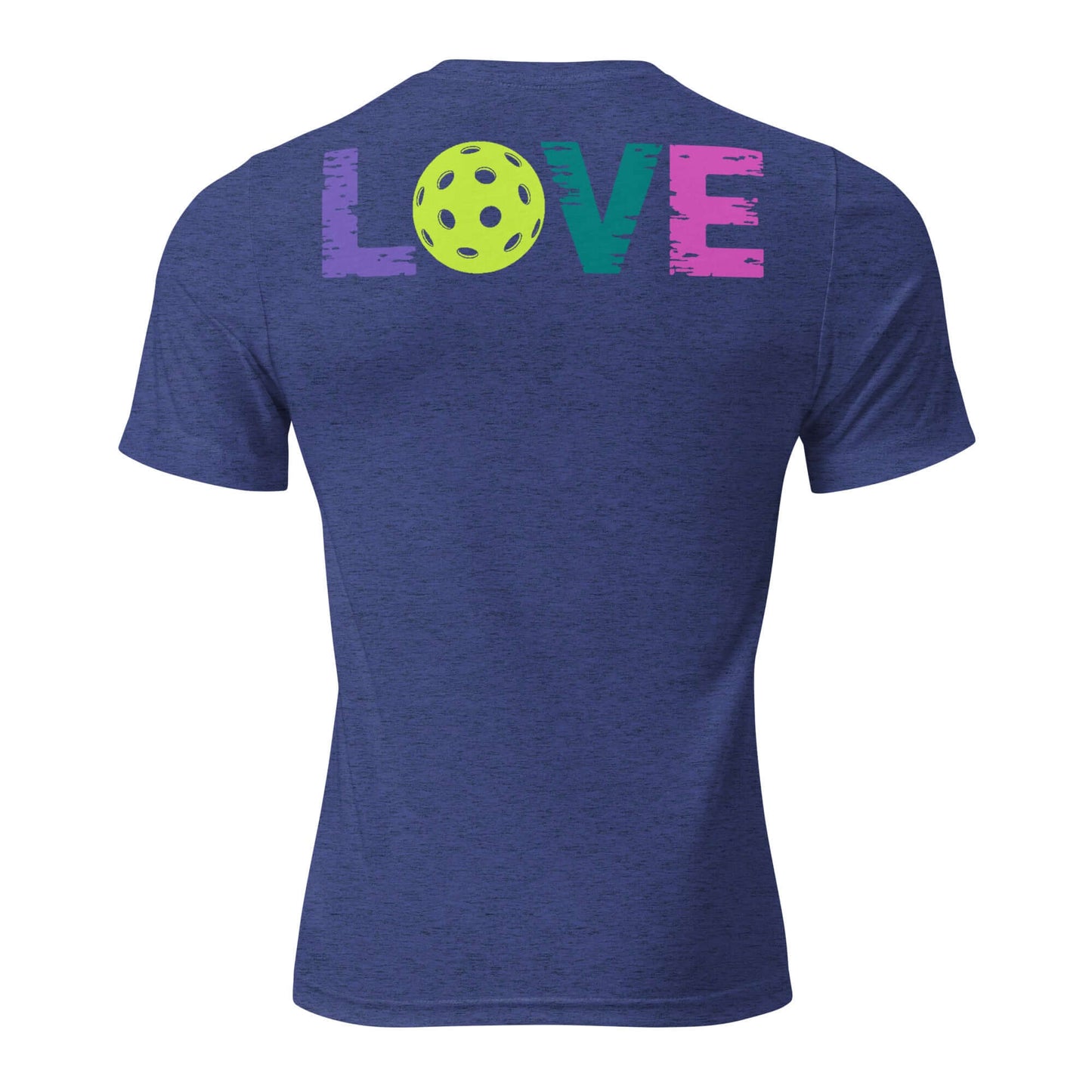 Back view of Women’s LOVE Pickleball Short Sleeve Shirt featuring colorful 'LOVE' design and pickleball graphic.