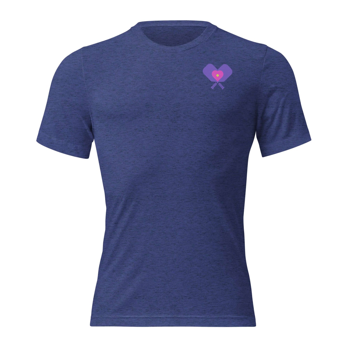 Women's LOVE Pickleball short sleeve shirt in navy blue with heart and paddle graphic, perfect for casual or court wear.