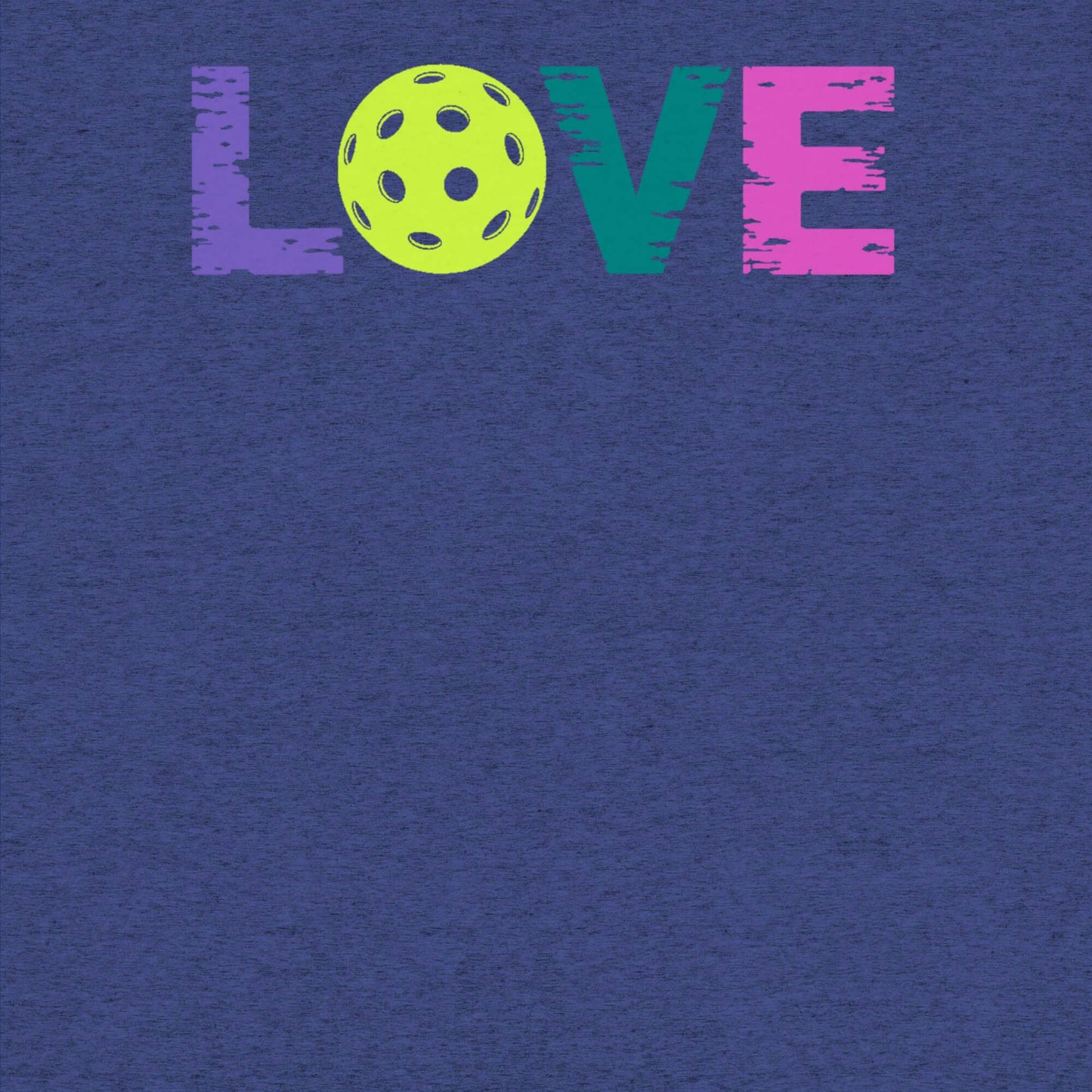 Colorful graphic design featuring the word 'LOVE' and a pickleball on a navy background.