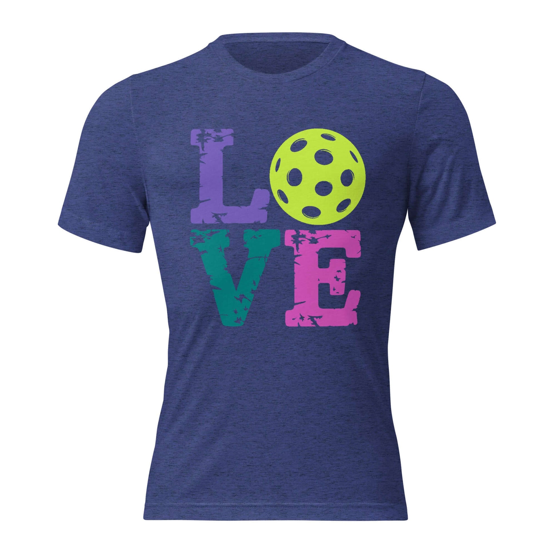 Women’s LOVE Pickleball Short Sleeve Shirt featuring colorful text and a pickleball graphic, perfect for sports enthusiasts.