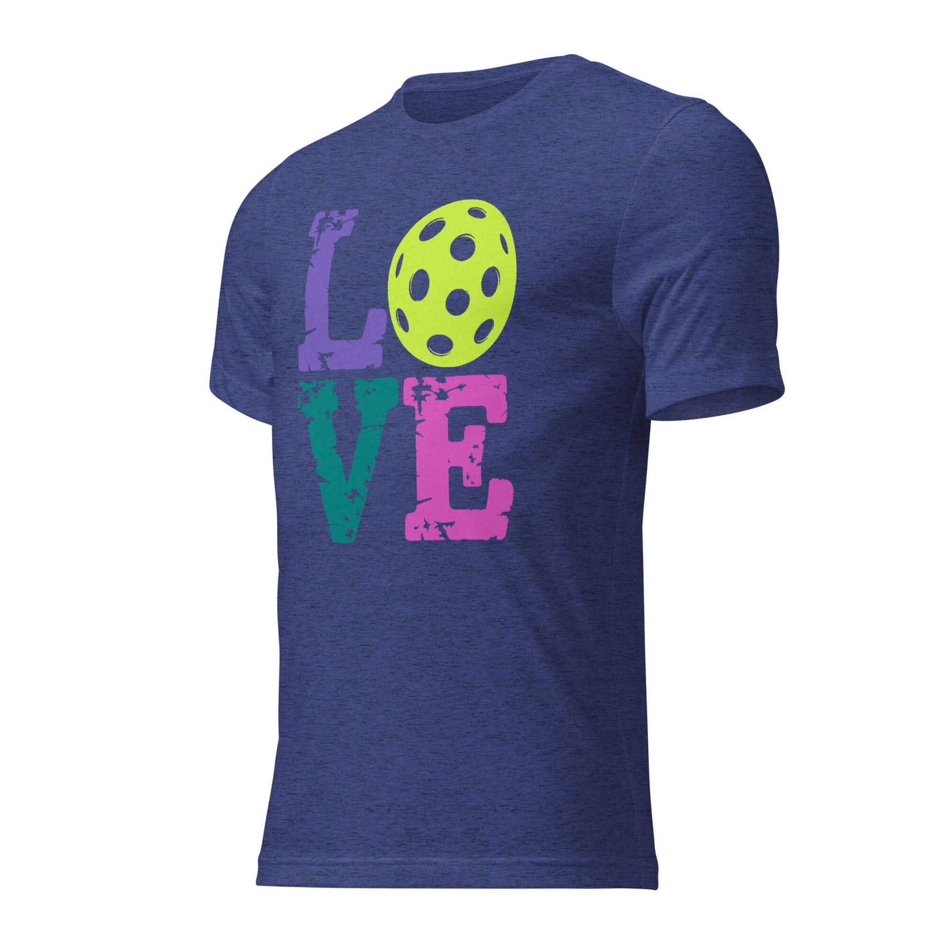 Women’s LOVE Pickleball Short Sleeve Shirt in navy blue featuring colorful graphics for pickleball fans.