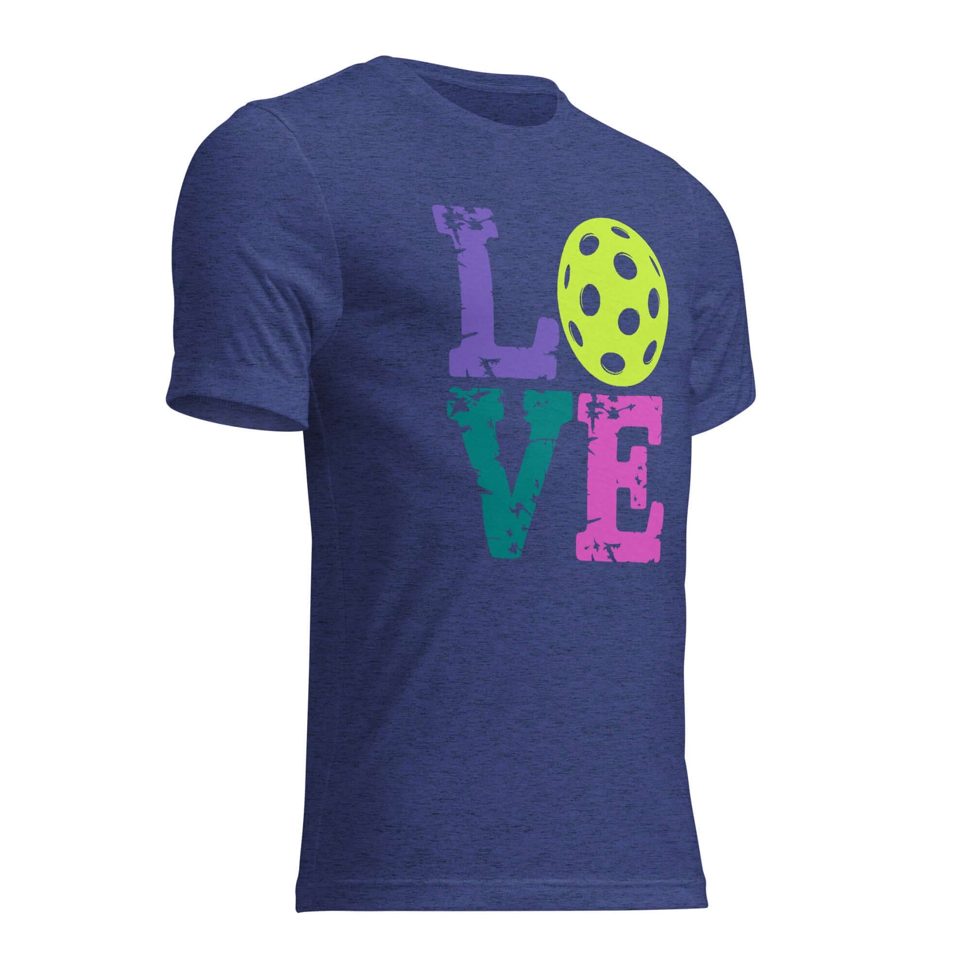 Women’s LOVE Pickleball Short Sleeve Shirt in blue with colorful LOVE graphic and pickleball design.