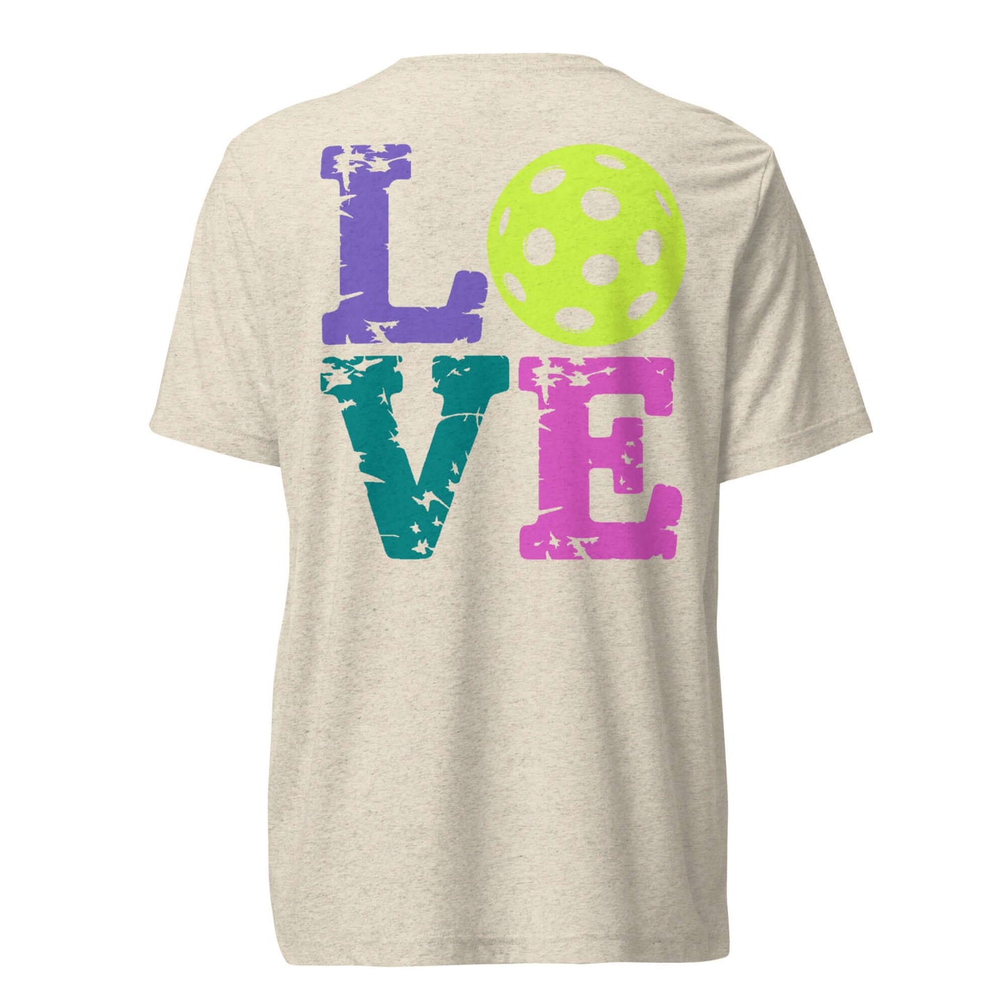 Back view of Women's LOVE Pickleball Short Sleeve Shirt featuring colorful 'LOVE' text and a pickleball graphic.