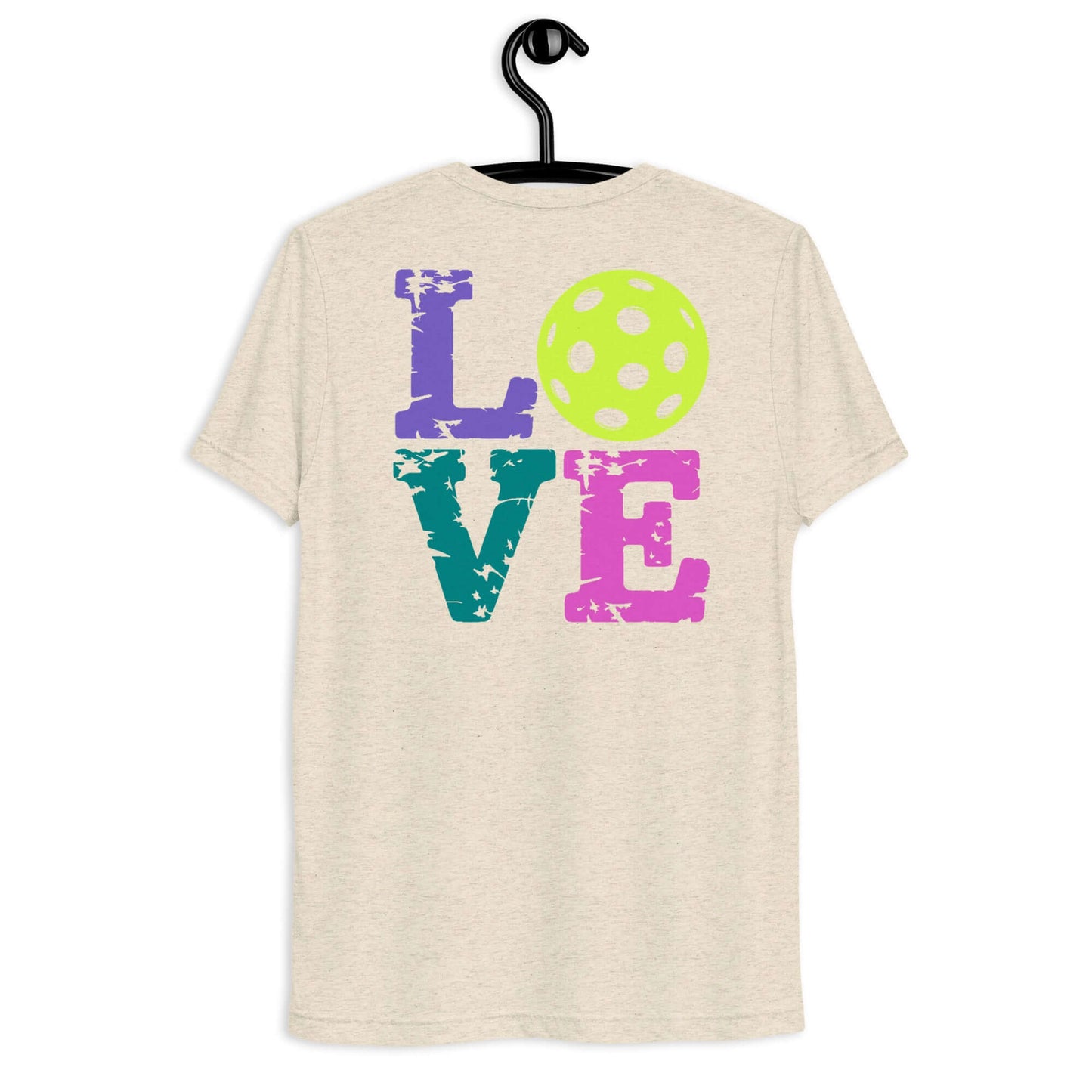 Back view of Women’s LOVE Pickleball Short Sleeve Shirt featuring colorful LOVE text and a pickleball graphic.