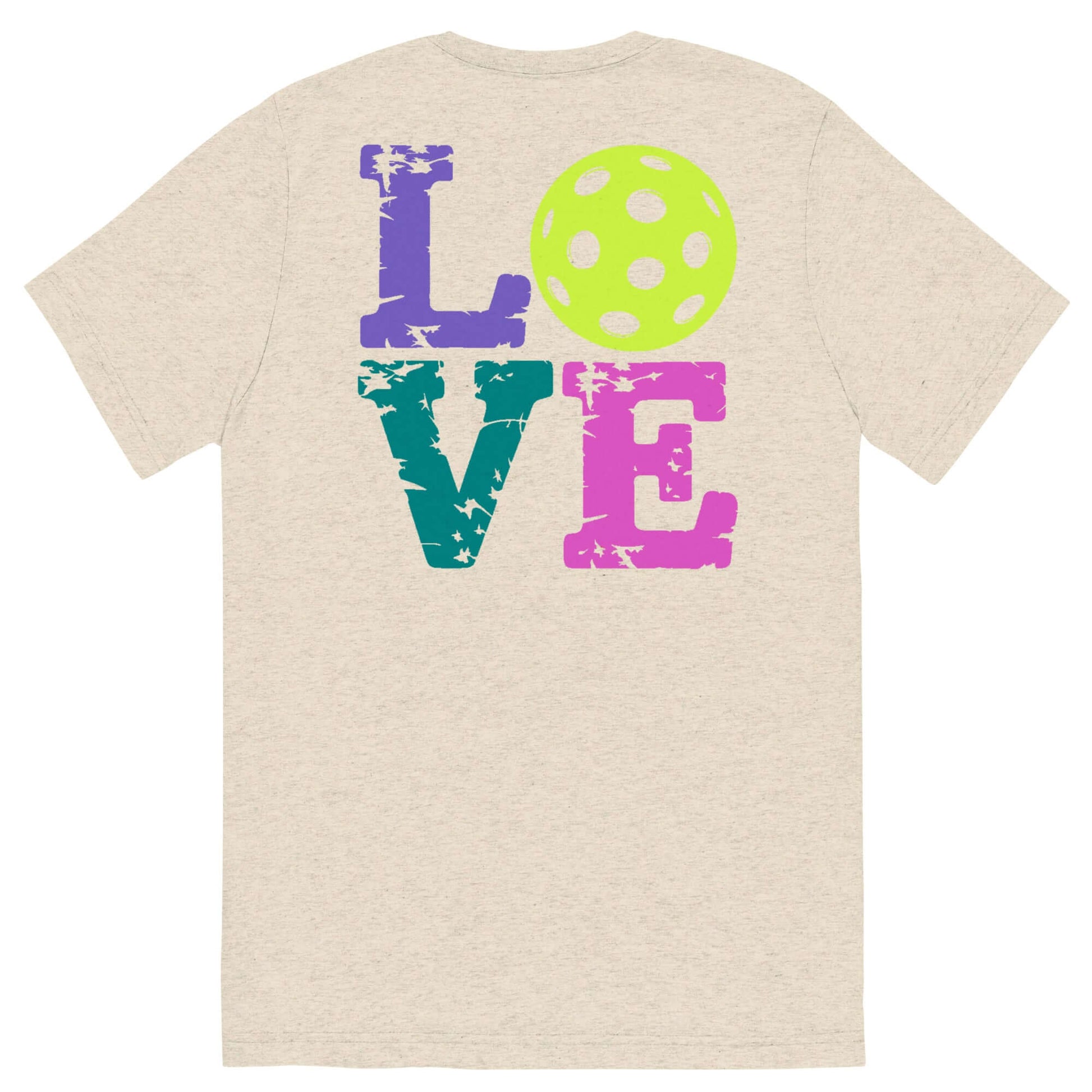 Women’s LOVE Pickleball Short Sleeve Shirt with colorfulLOVE text and pickleball graphic on back.