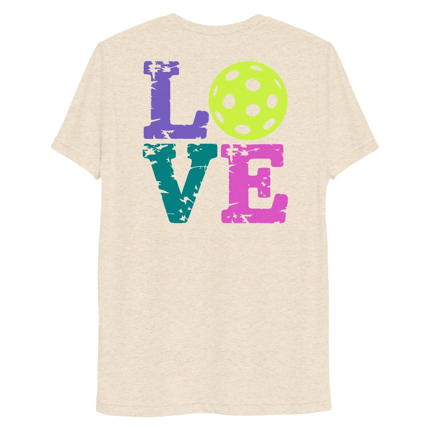 Women’s LOVE Pickleball Short Sleeve Shirt with colorful love graphic and pickleball design on back.