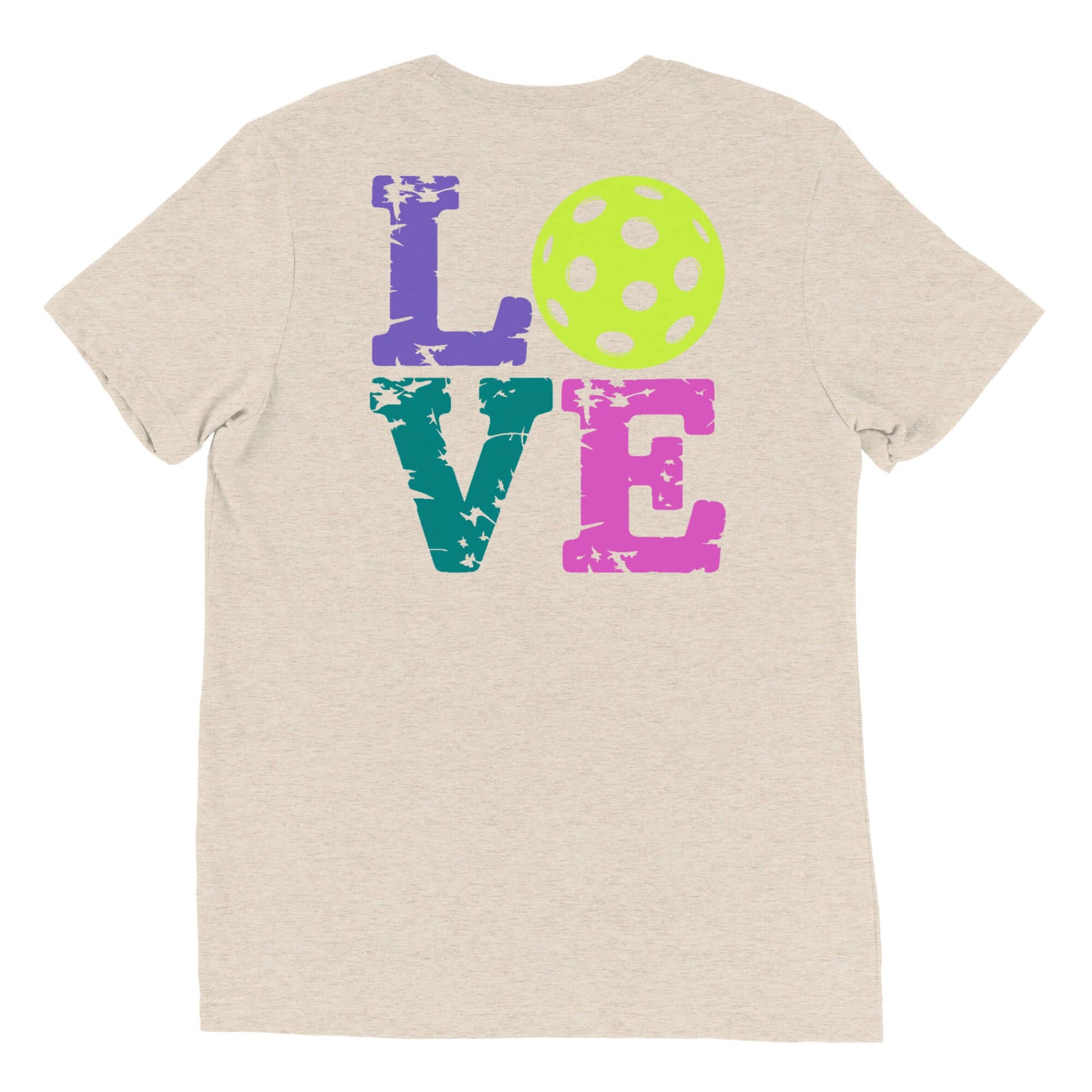 Back of Women's LOVE Pickleball Short Sleeve Shirt with colorful LOVE text and a pickleball graphic.