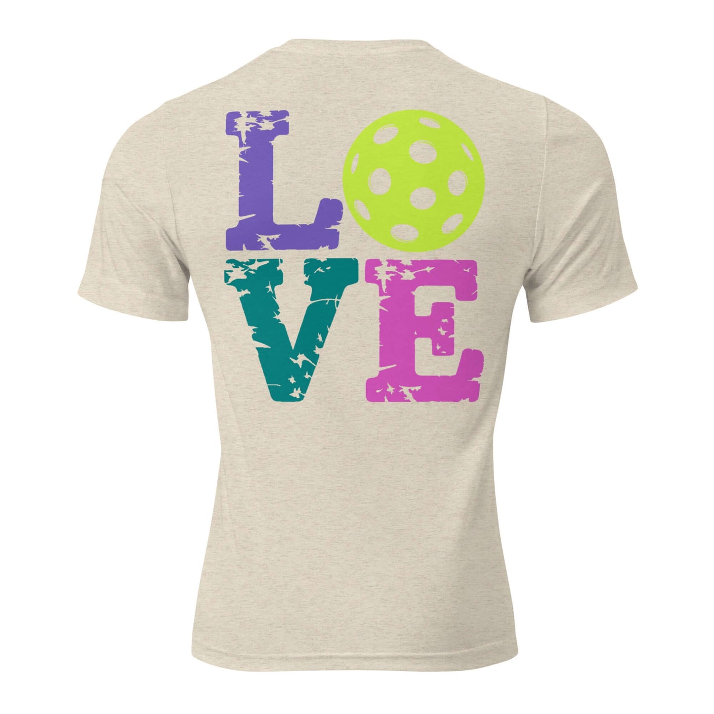 Back view of Women’s LOVE Pickleball Short Sleeve Shirt with colorful 'LOVE' letters and pickleball graphic.