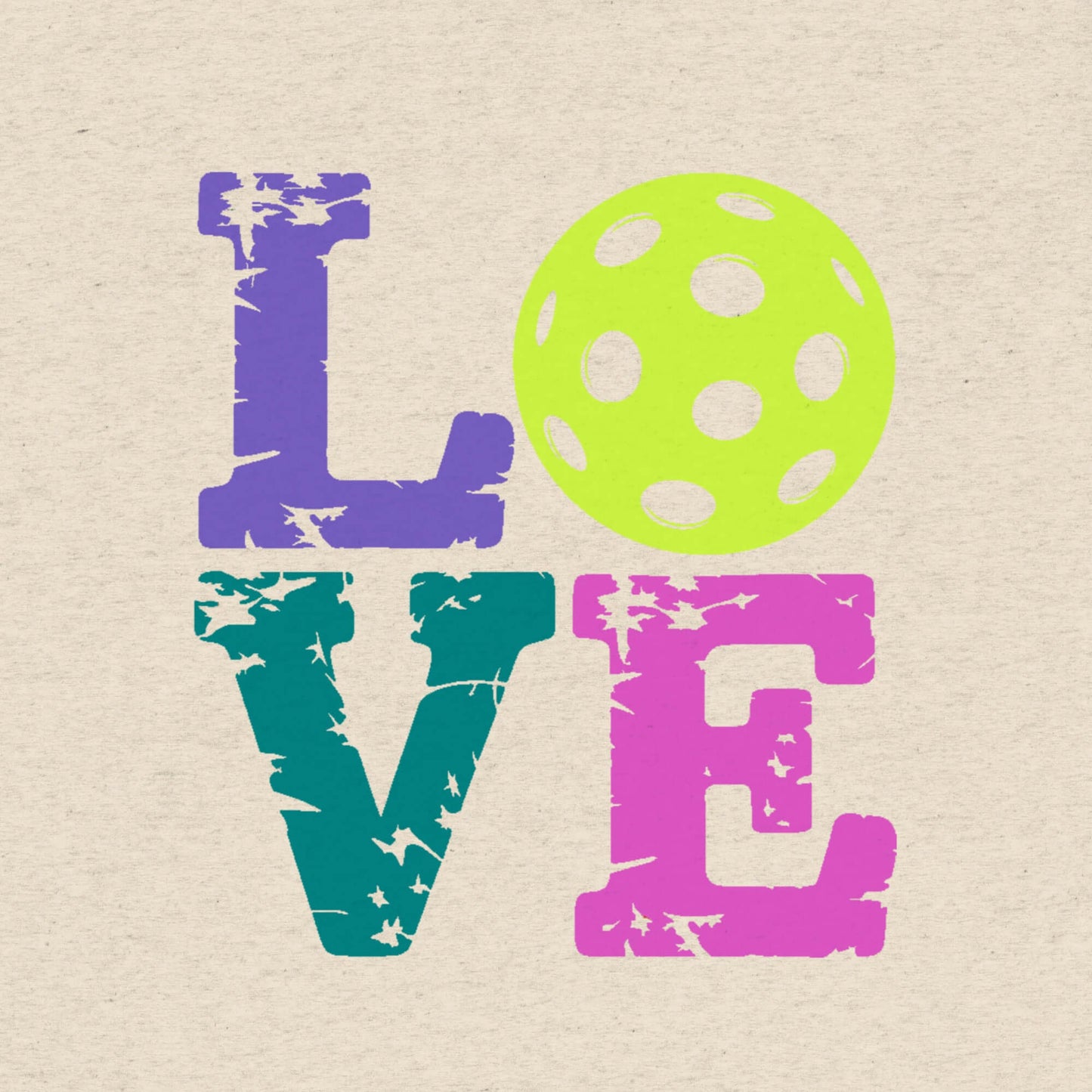 Colorful LOVE text with a green pickleball, showcasing passion for the sport in a playful design.