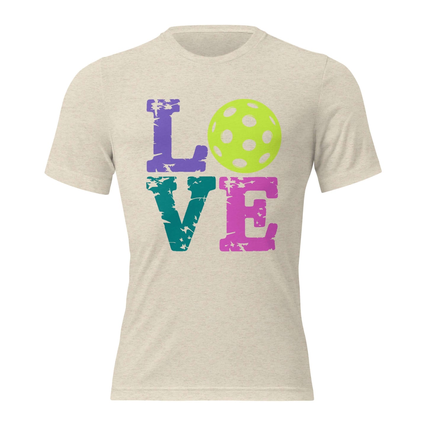 Women’s LOVE Pickleball Short Sleeve Shirt featuring colorful text and a pickleball graphic.