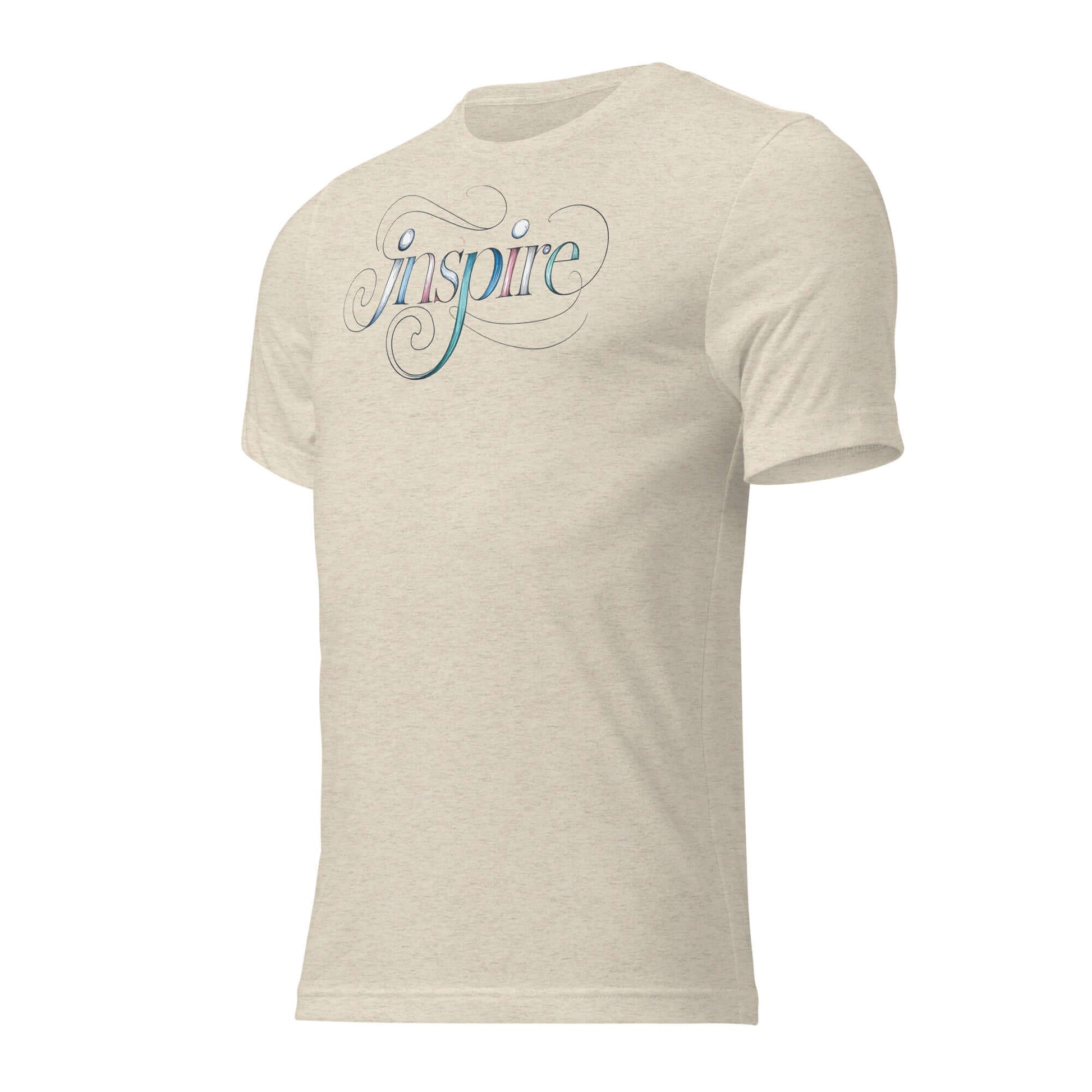 Women's Inspire Sketch Short Sleeve T-Shirt featuring elegant word art design in flowing letters on a light background.