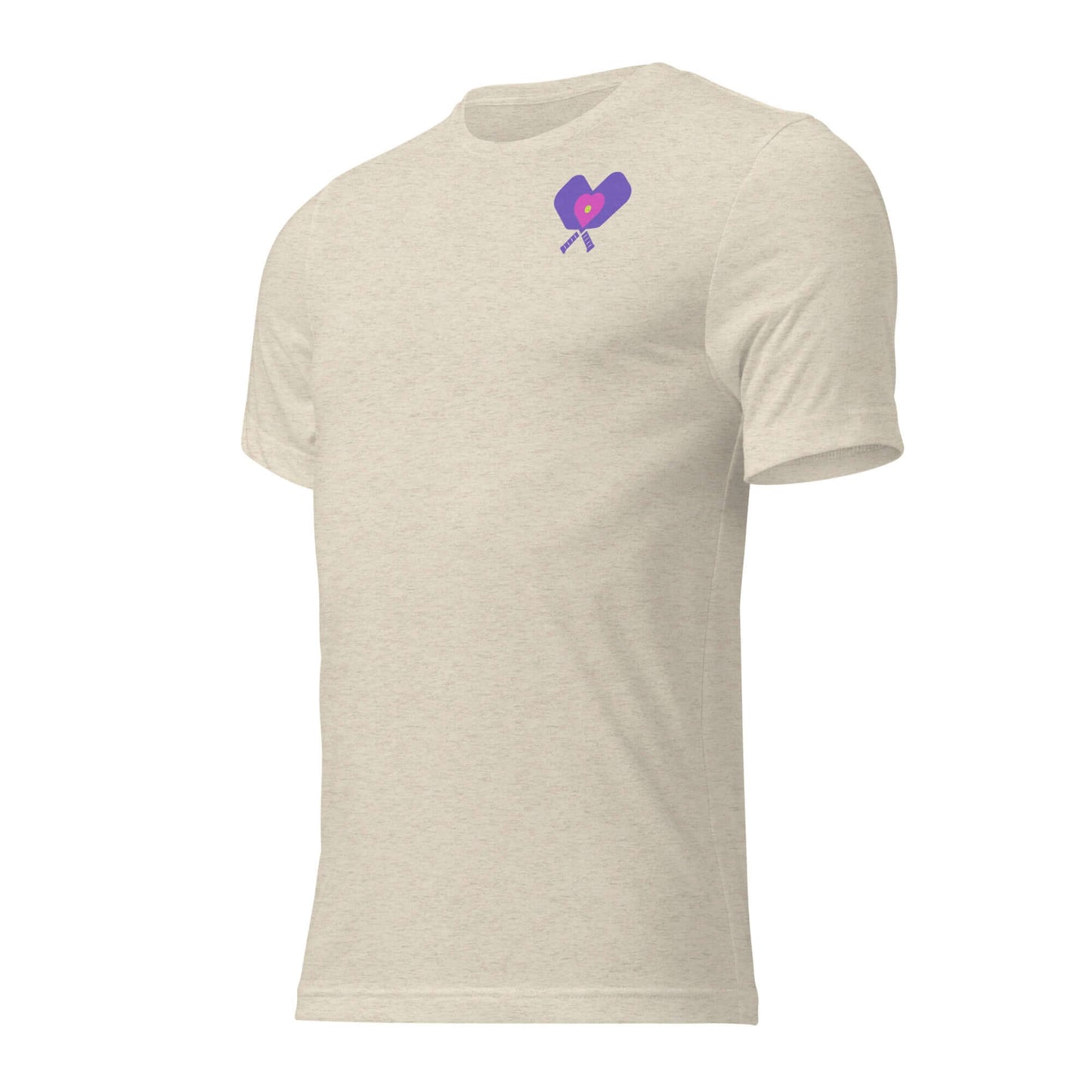 Women's LOVE Pickleball short sleeve shirt in light beige with a colorful pickleball graphic.