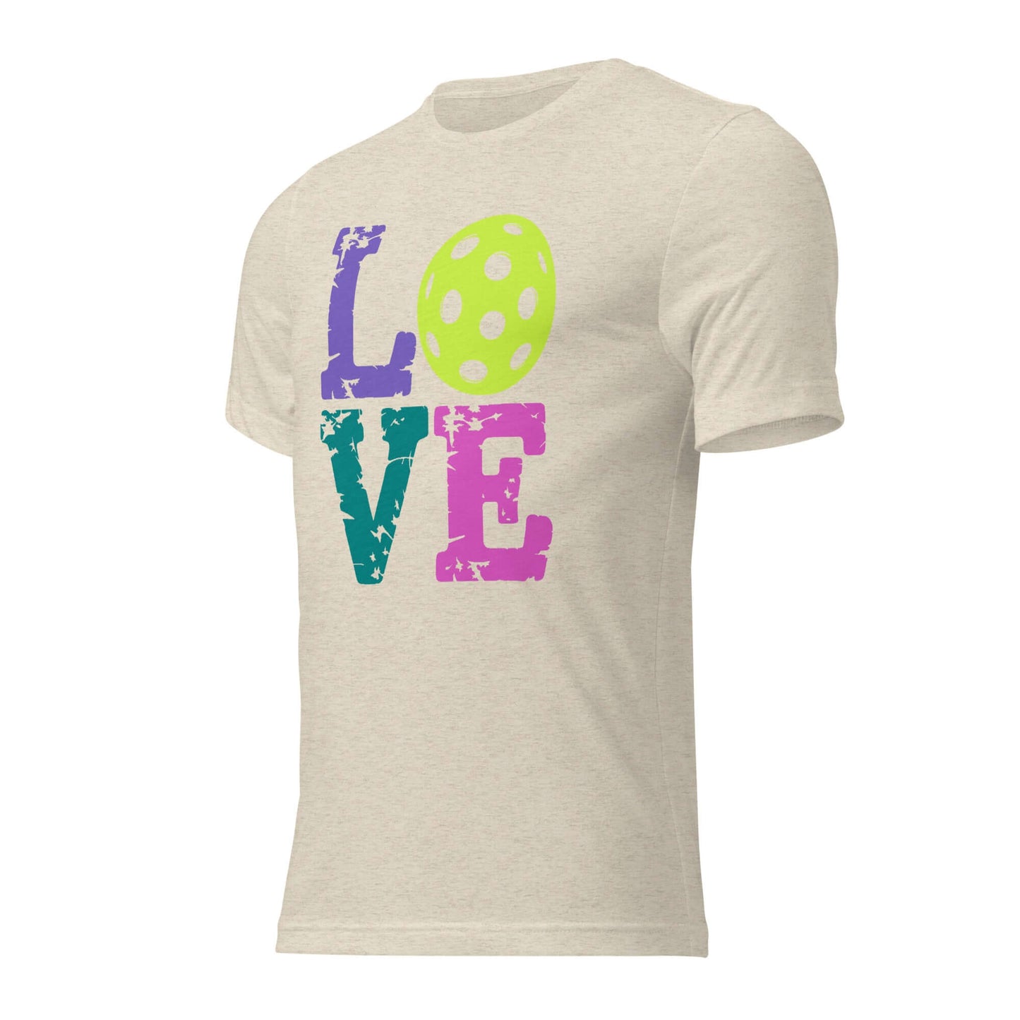 Women’s LOVE Pickleball Short Sleeve Shirt in cream with colorful graphic design.