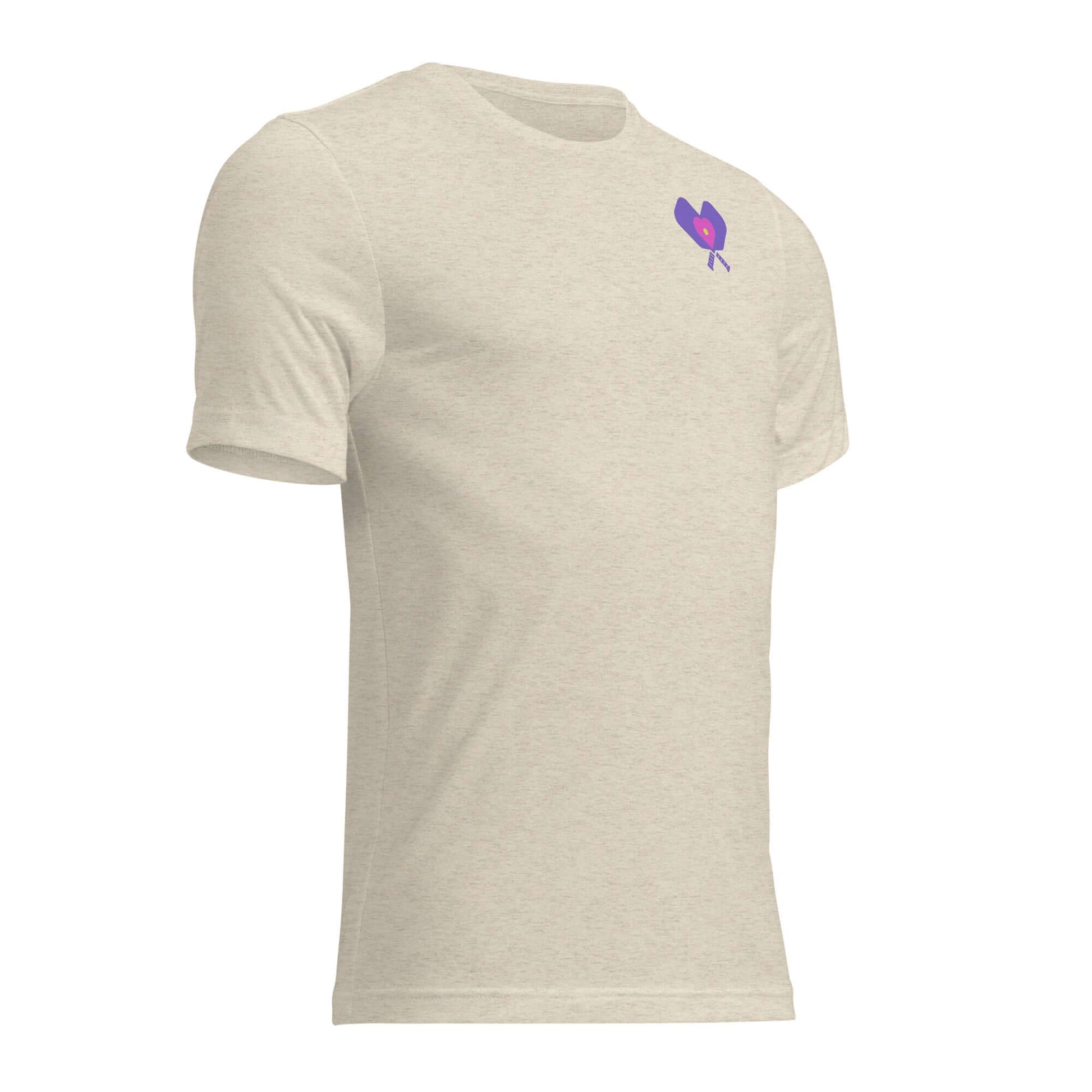 Light beige short sleeve shirt with a purple pickleball graphic, perfect for women who love the game.