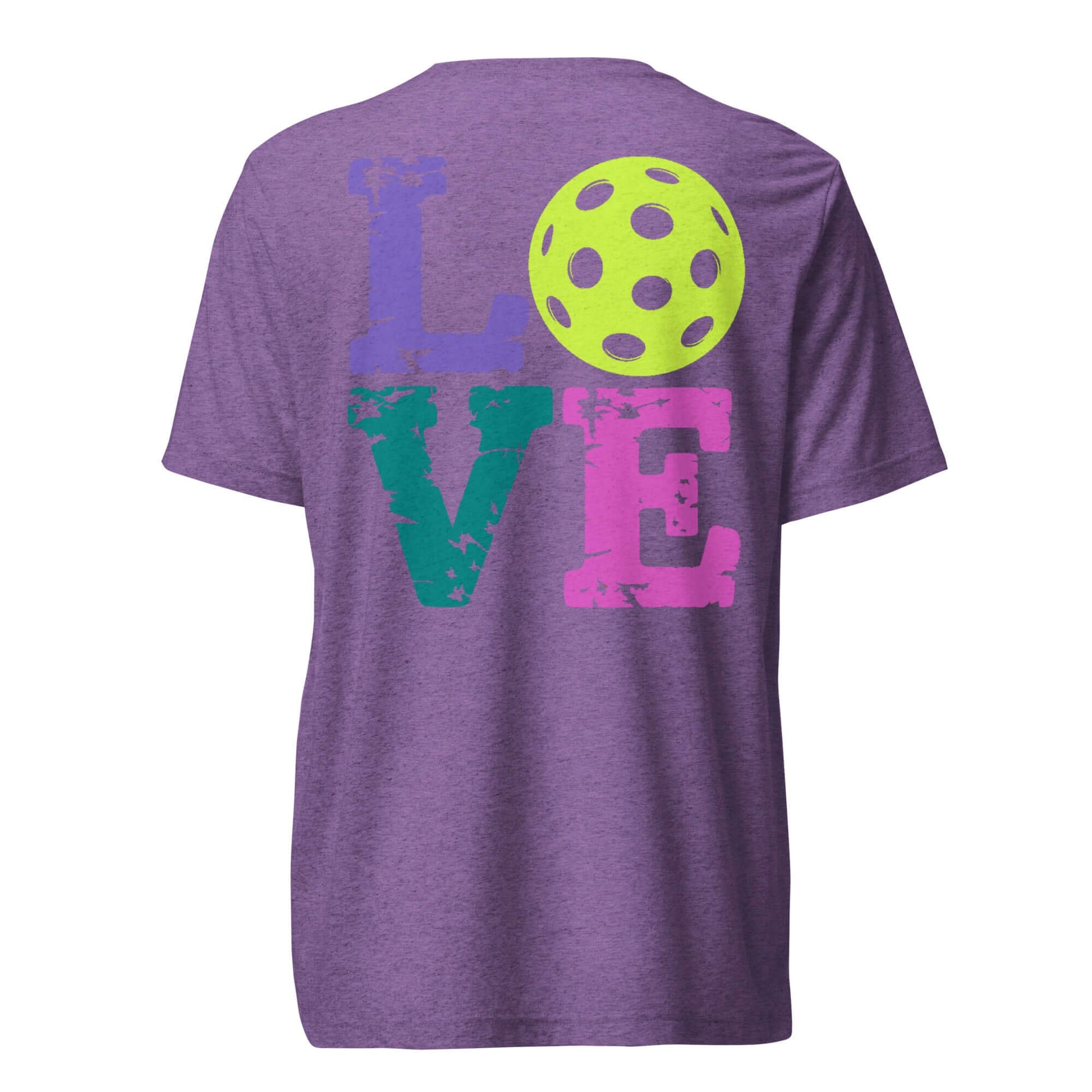 Back view of women's LOVE pickleball short sleeve shirt featuring colorful lettering and a pickleball graphic.