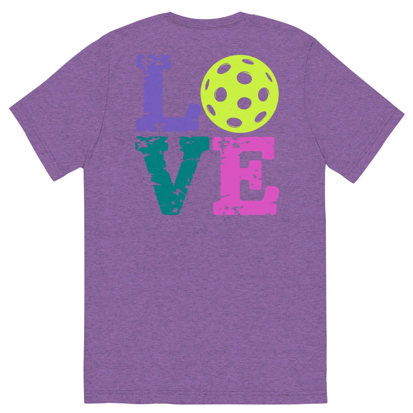 Women’s short sleeve shirt in purple featuring colorful 'LOVE' design and pickleball graphic on the back.