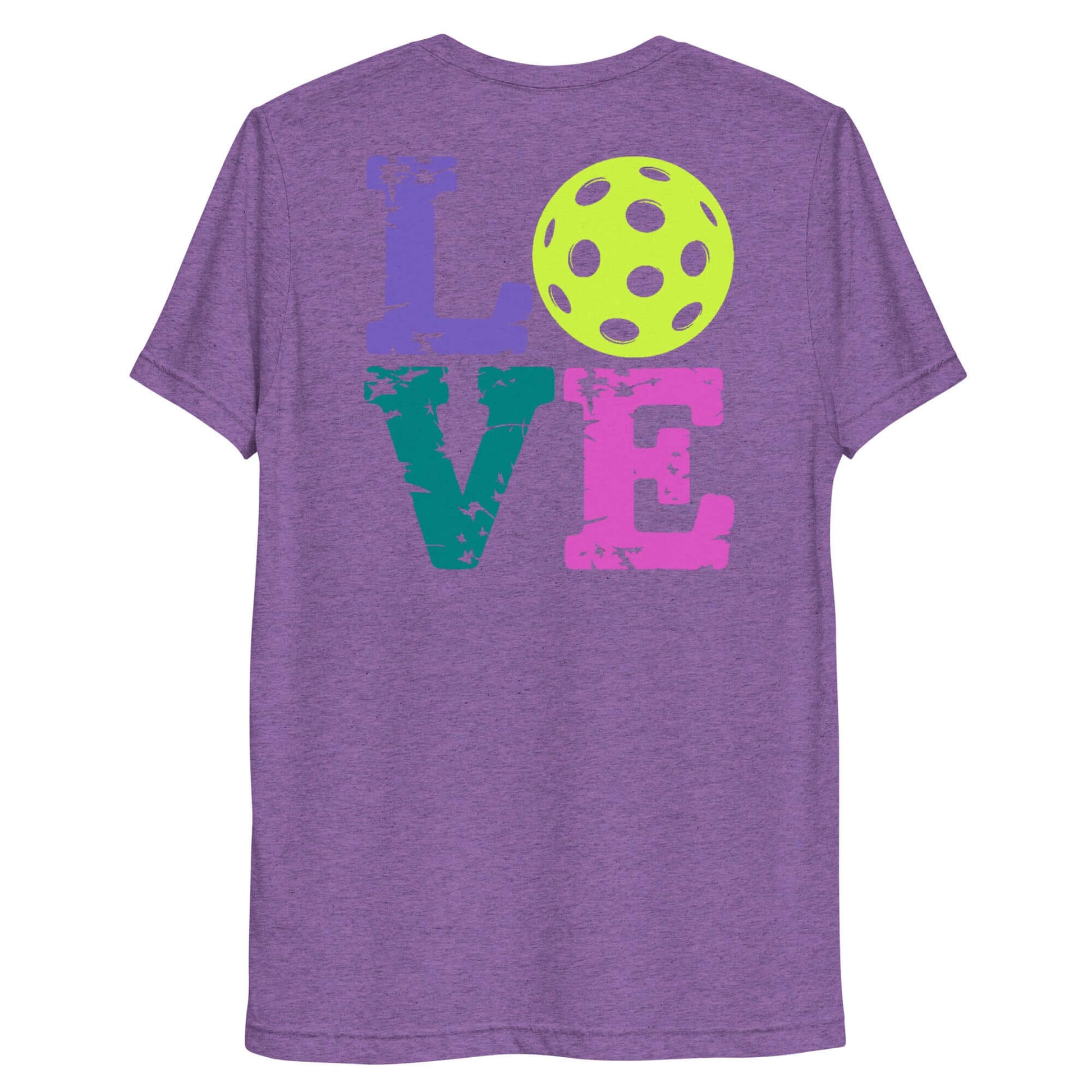 Back view of a Women's LOVE Pickleball Short Sleeve Shirt featuring colorful designs and a pickleball graphic.