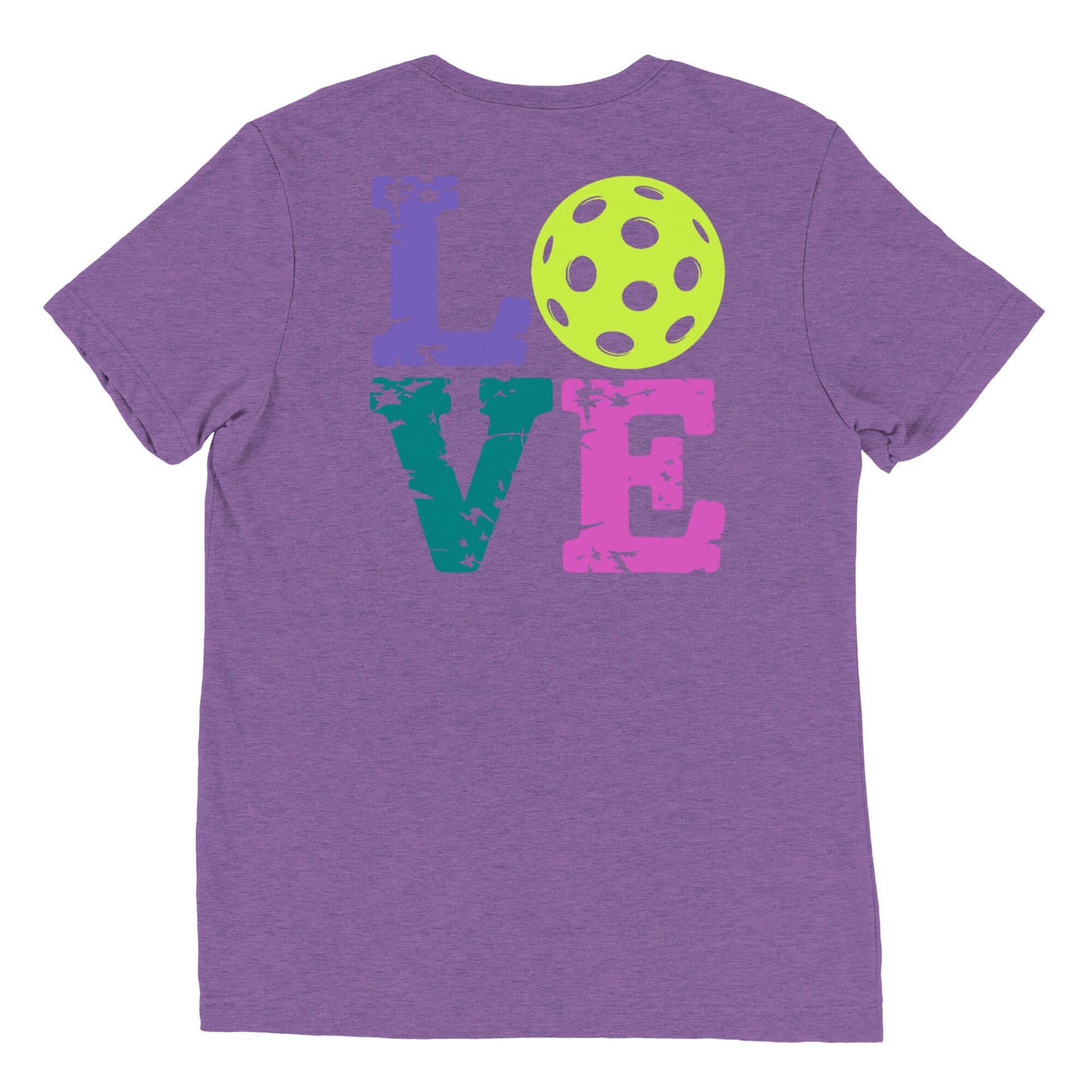 Back view of women's purple short sleeve shirt with colorful 'LOVE' text and pickleball graphic.