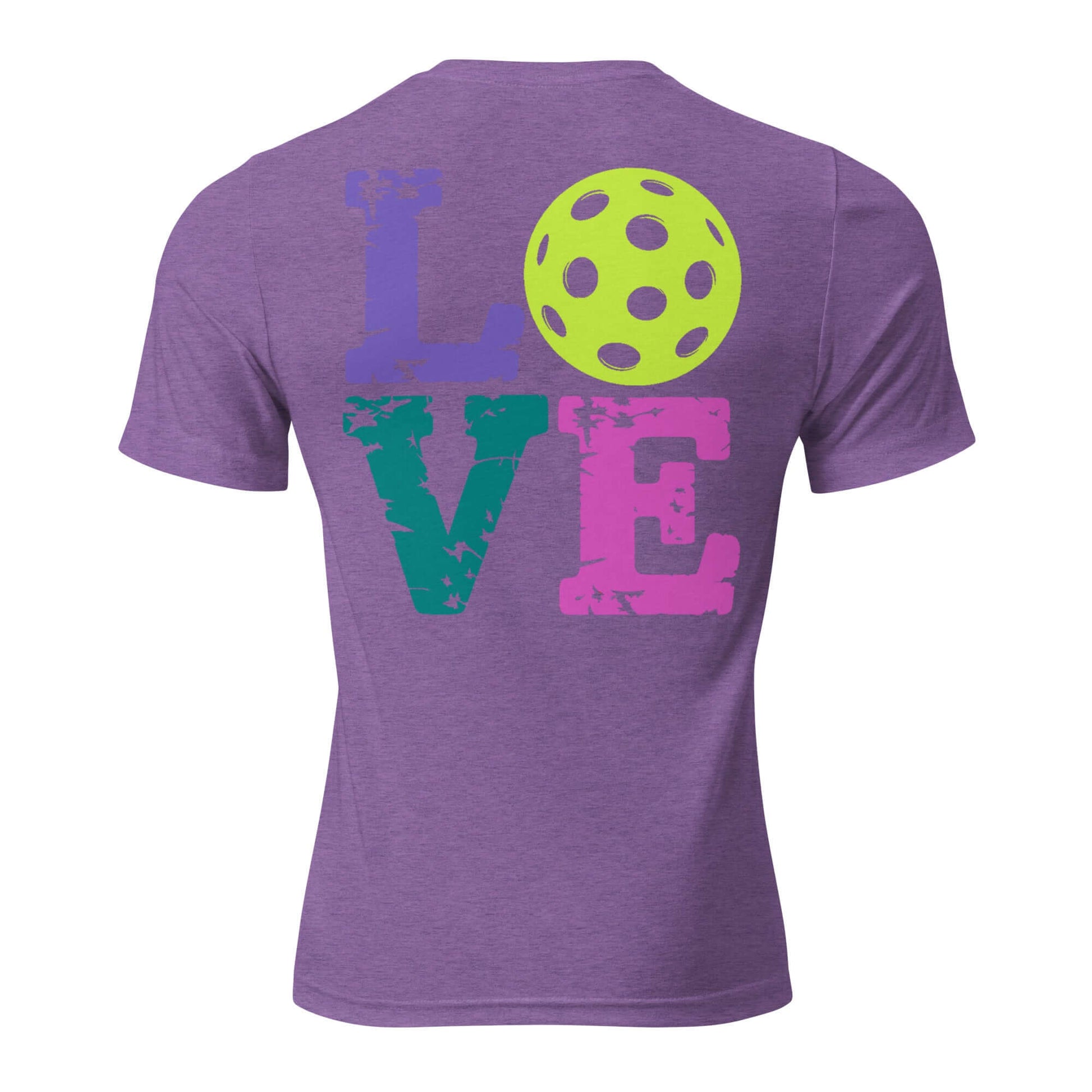 Back view of a purple Women's LOVE Pickleball shirt featuring colorful letters and a pickleball design.