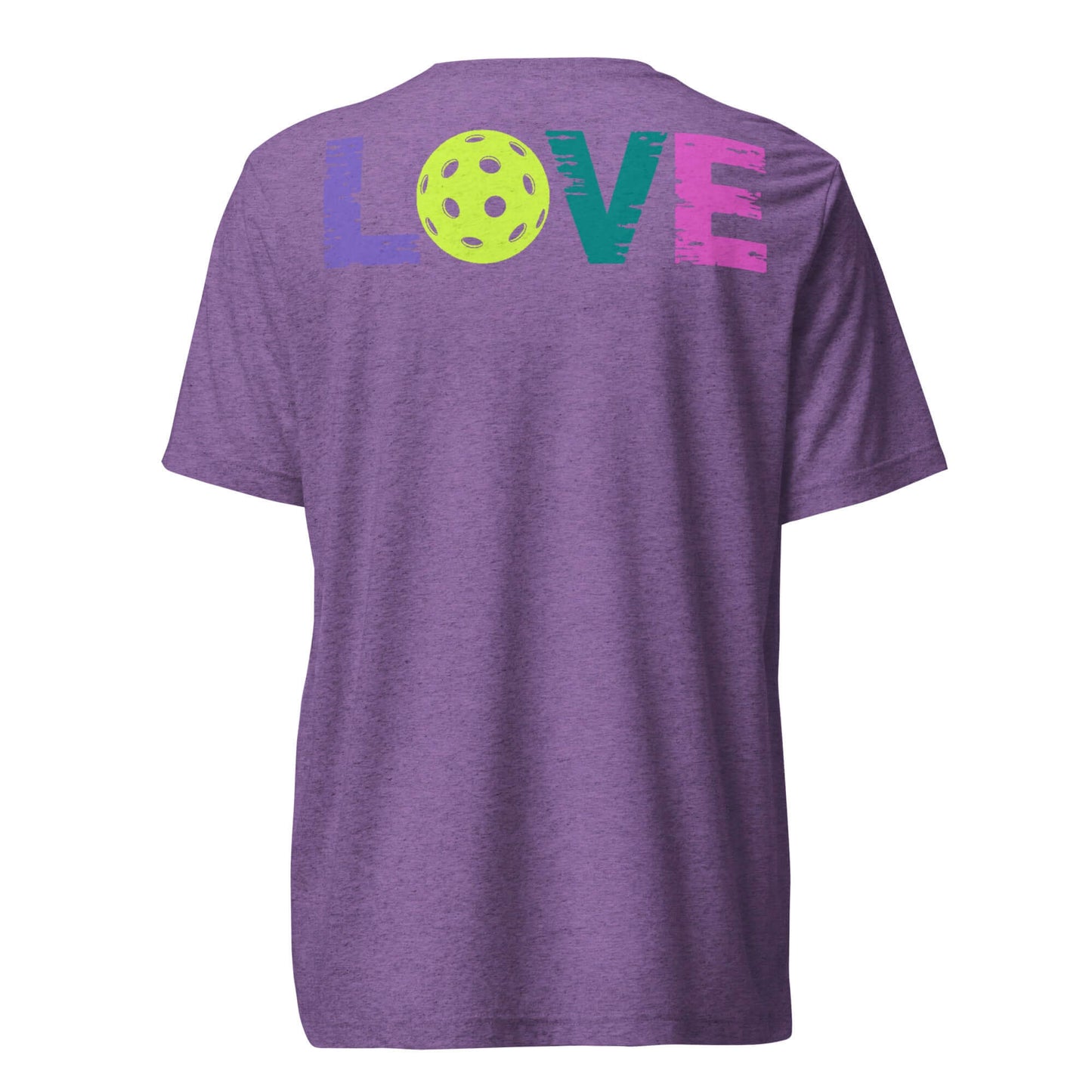 Back view of a purple Women’s LOVE Pickleball Short Sleeve Shirt with colorful 'LOVE' graphic and pickleball design.