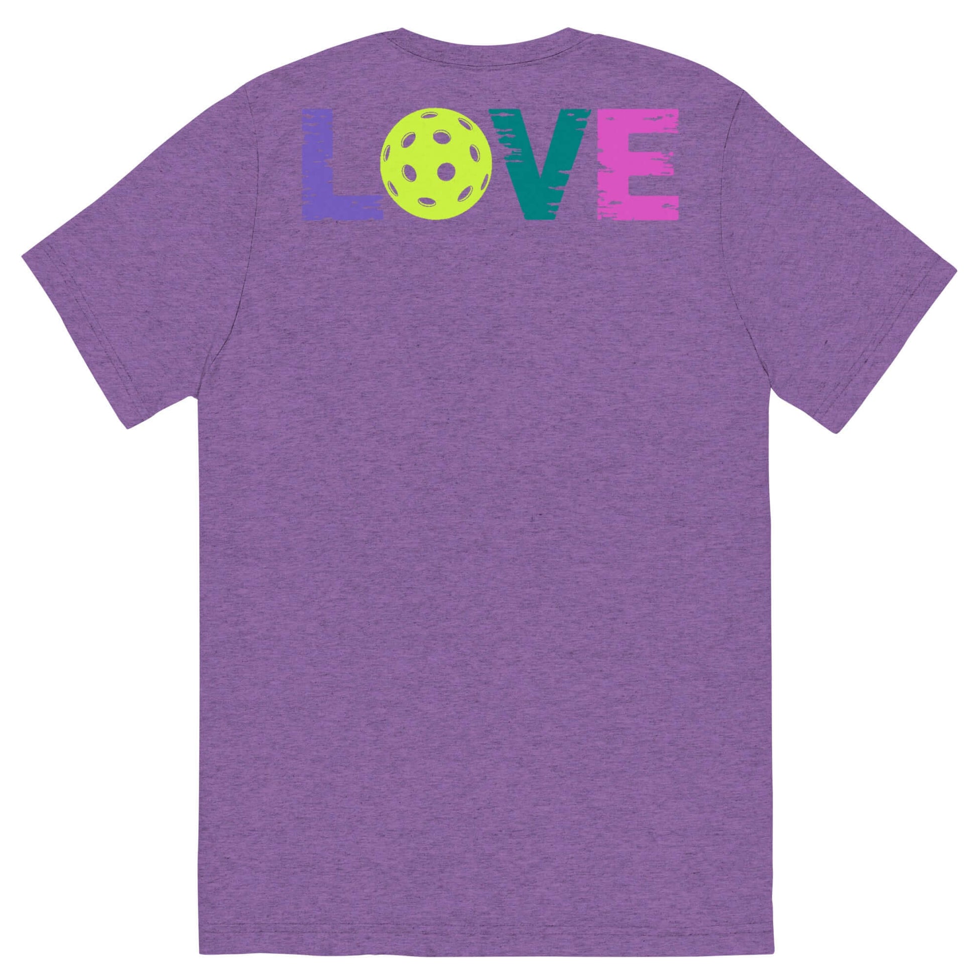 Back view of Women's LOVE Pickleball Short Sleeve Shirt in purple with colorful 'LOVE' text and pickleball graphic.