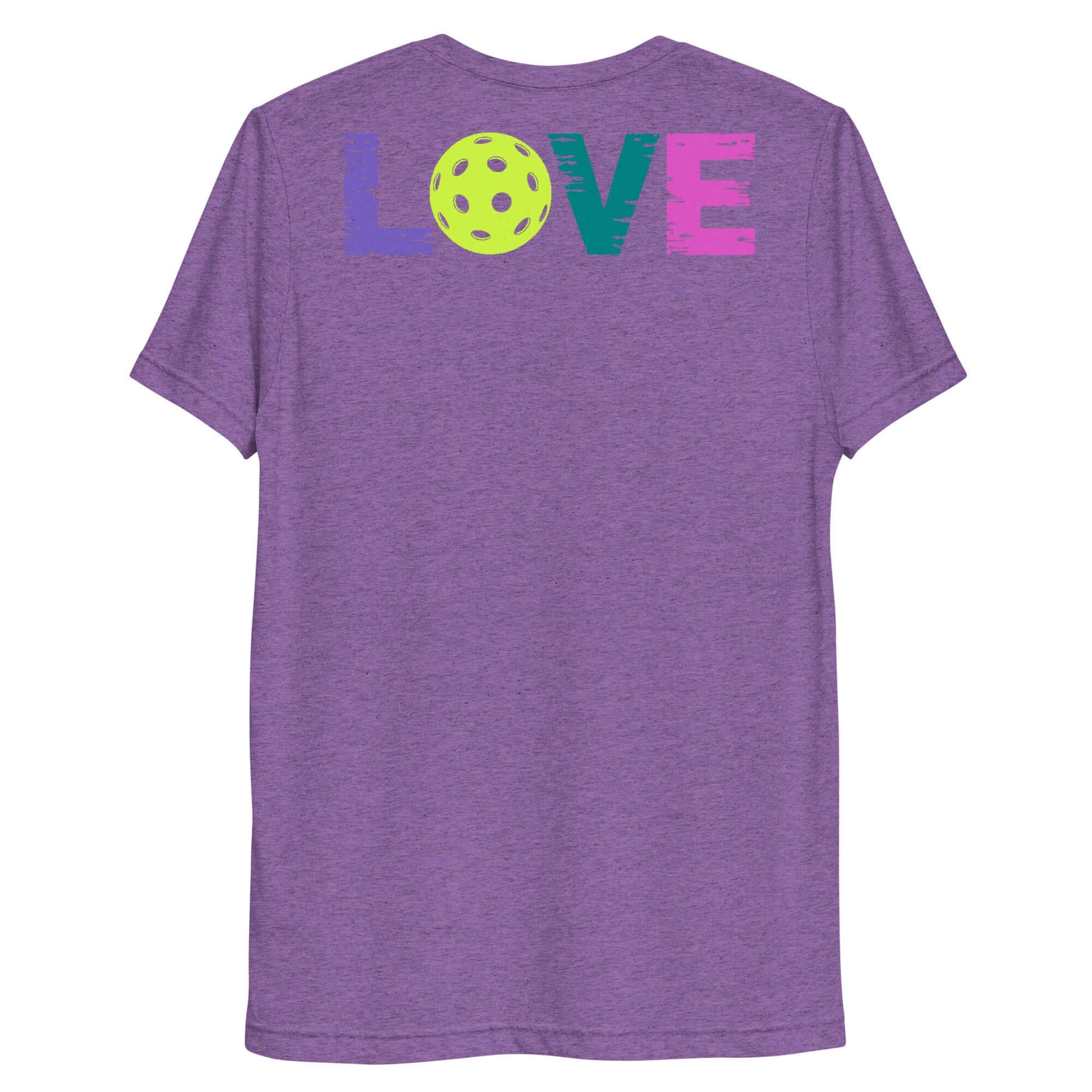 Back view of Women's LOVE Pickleball Short Sleeve Shirt in purple with colorful LOVE text and pickleball design.