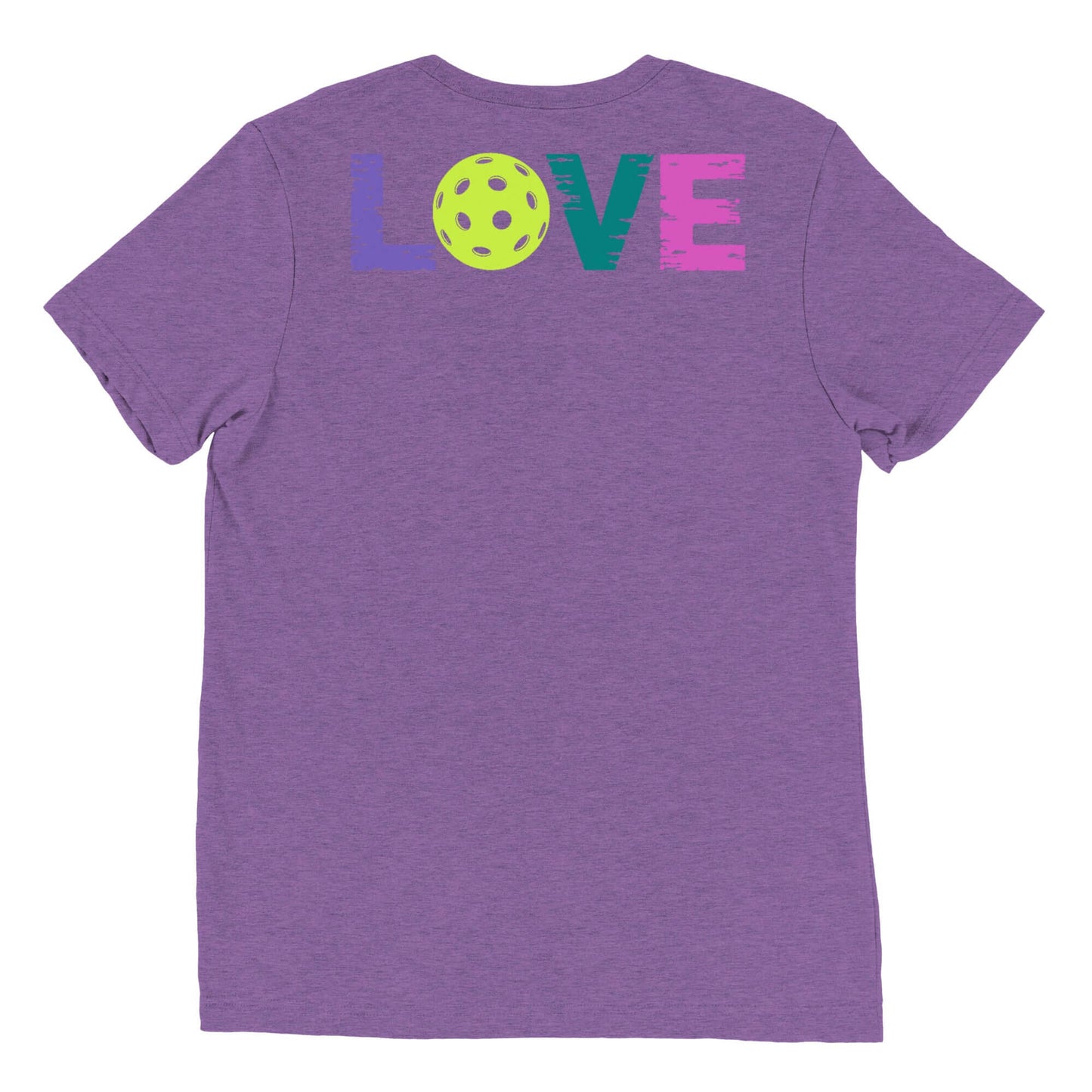 Back view of Women's LOVE Pickleball Short Sleeve Shirt, featuring colorful text and a pickleball graphic.