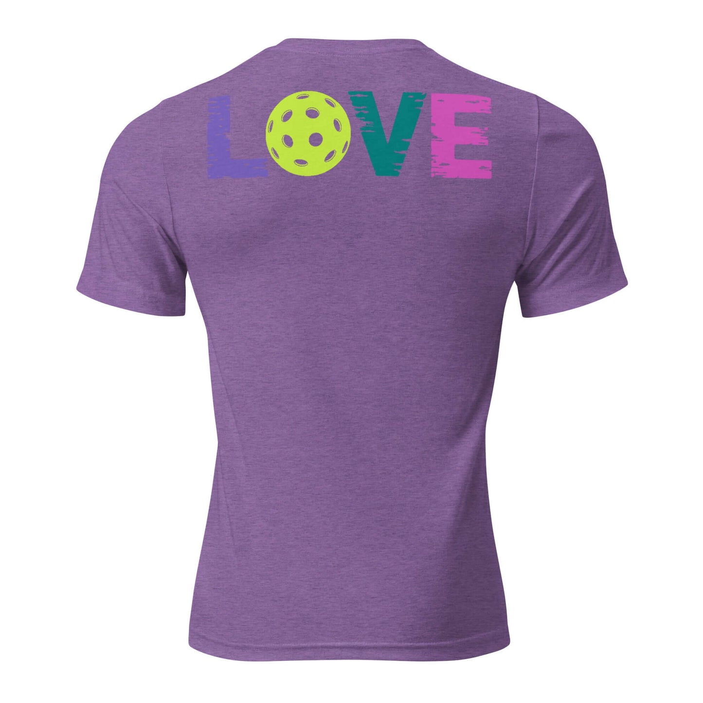 Back view of women’s LOVE pickleball short sleeve shirt in purple with colorful text and pickleball graphic.