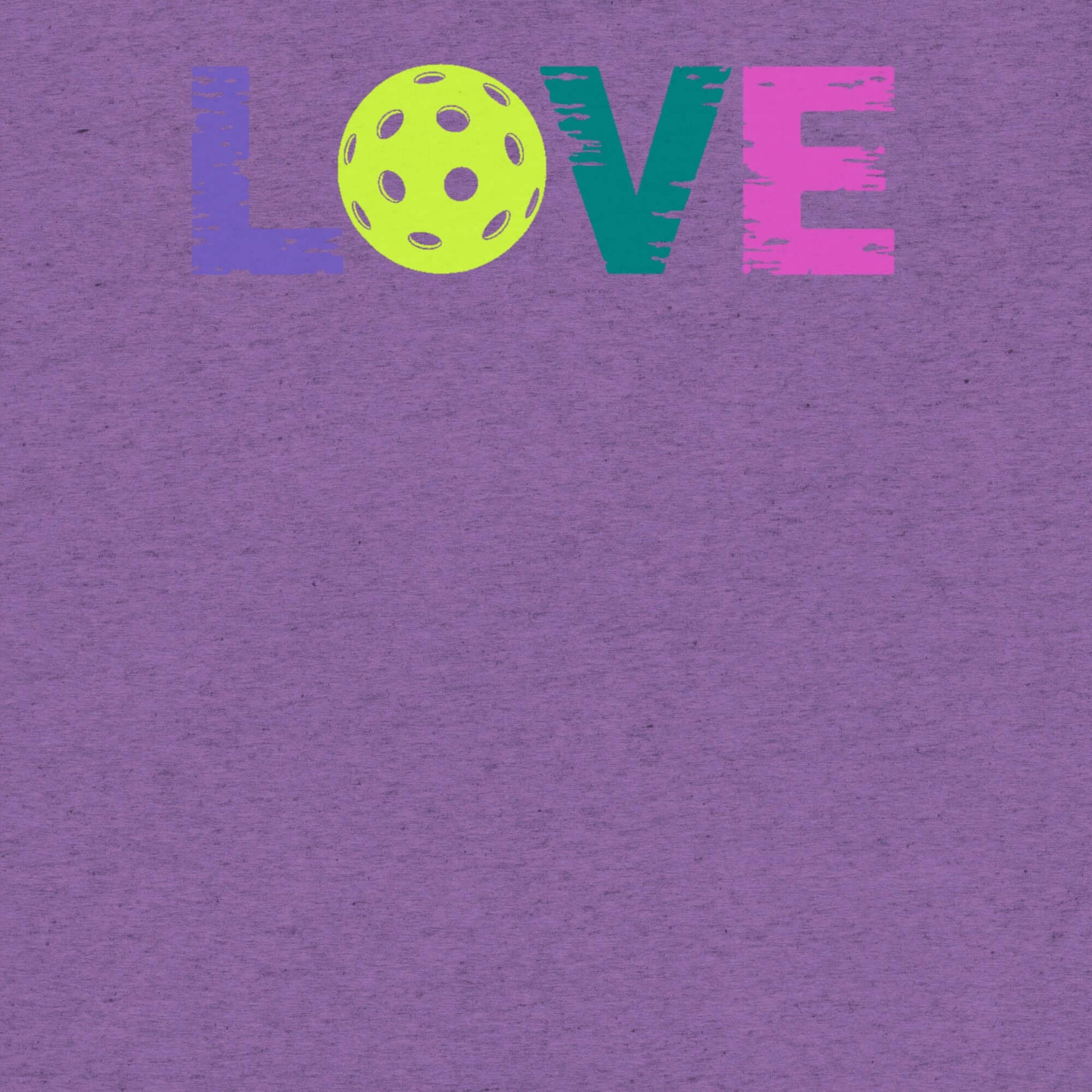 Women's LOVE Pickleball Short Sleeve Shirt design featuring colorful letters and a pickleball on a purple background.