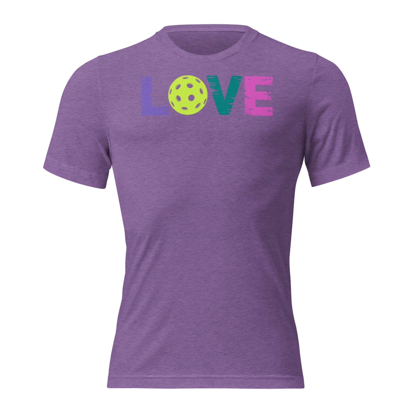 Women’s LOVE Pickleball Short Sleeve Shirt in purple with vibrant love graphic and pickleball design.