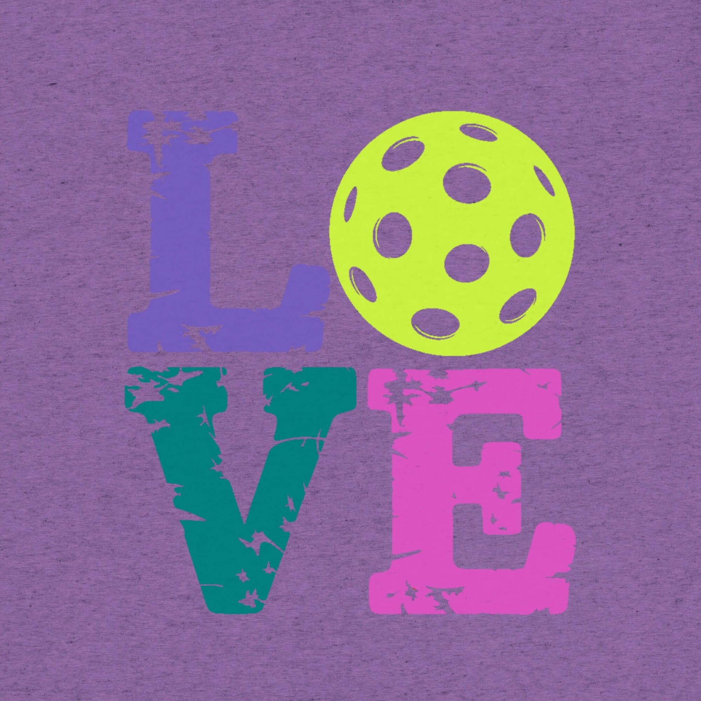 Colorful graphic of the word LOVE with a pickleball on a purple shirt background, showcasing pickleball passion.